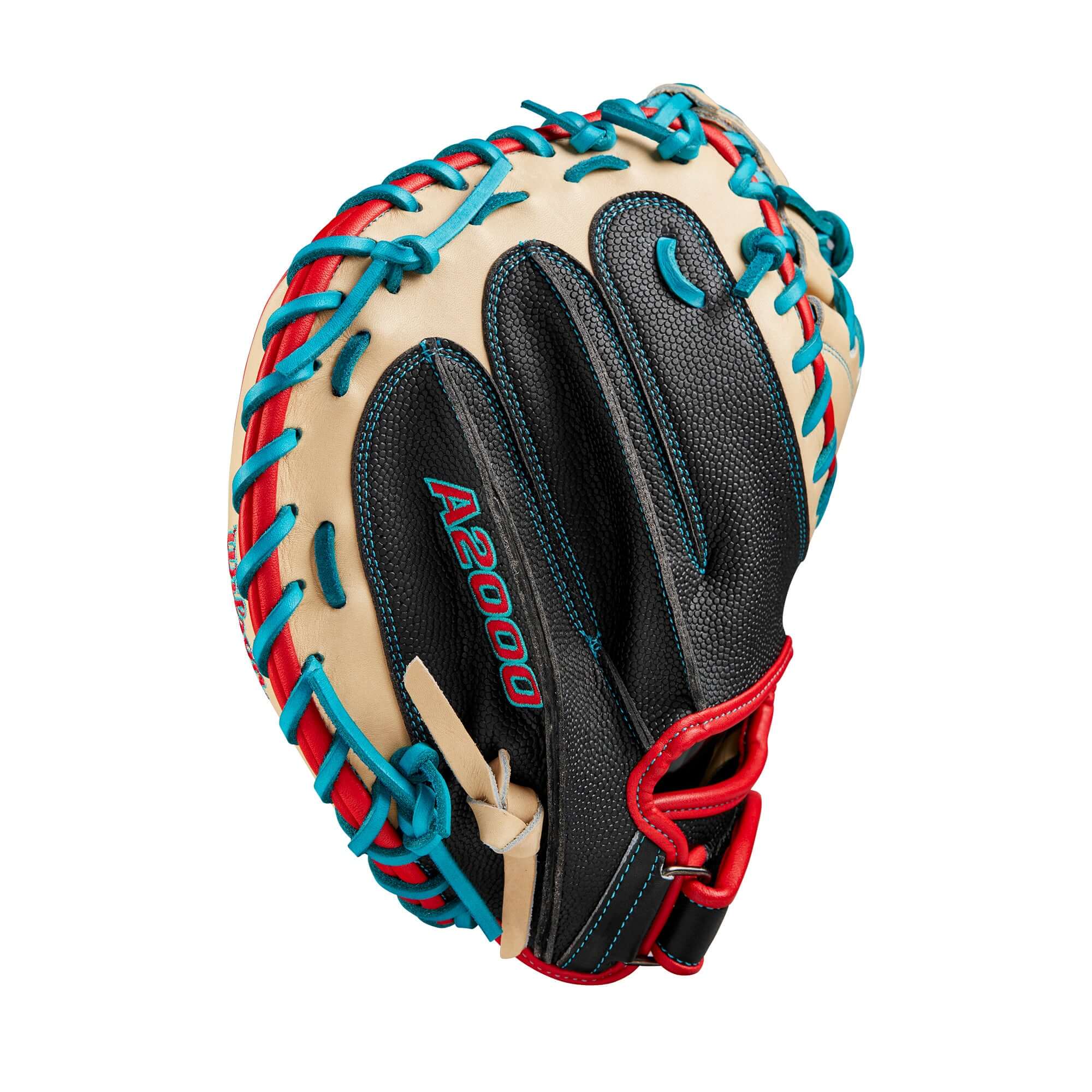 Wilson A2000 PF33 Baseball Catcher's Mitt in black and blonde, featuring Pedroia Fit Technology and vibrant lacing.