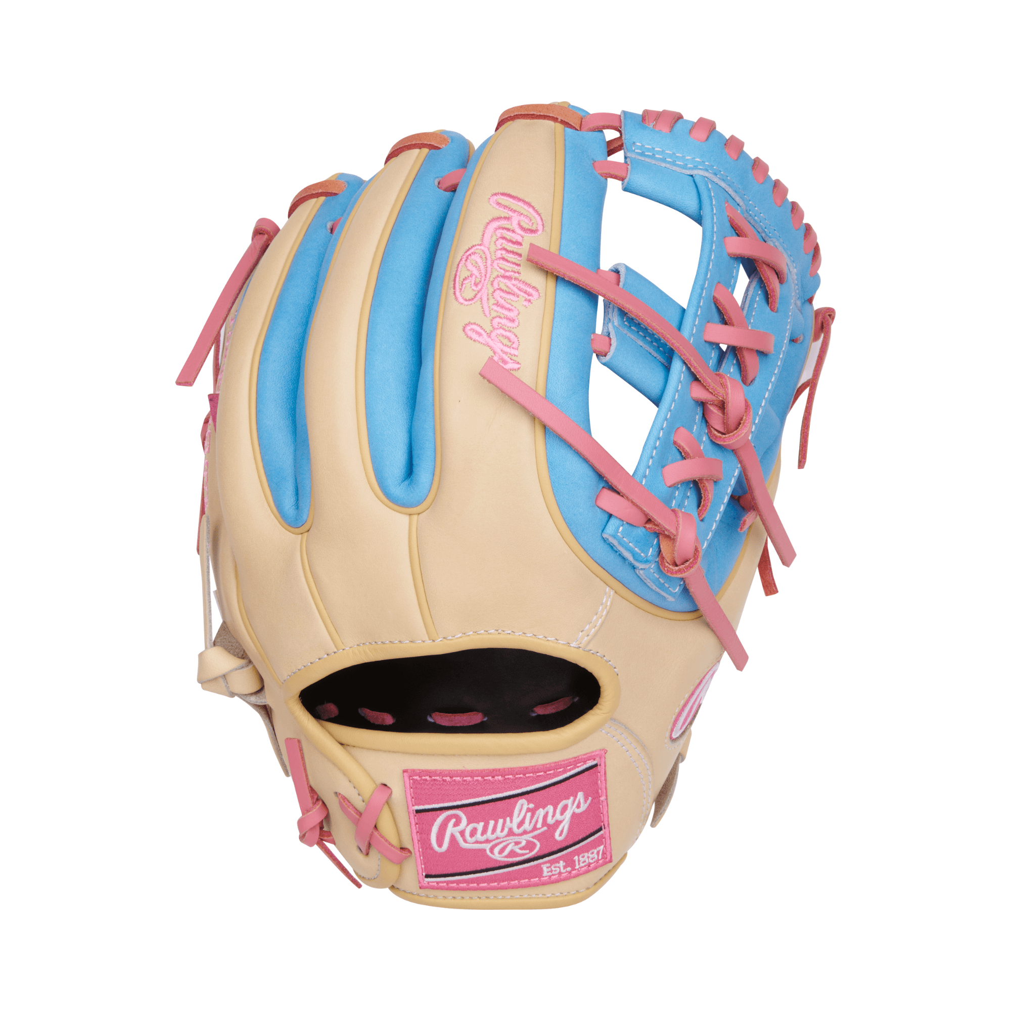 Rawlings Heart of the Hide 11.5-inch infield glove in camel and columbia blue with pink laces