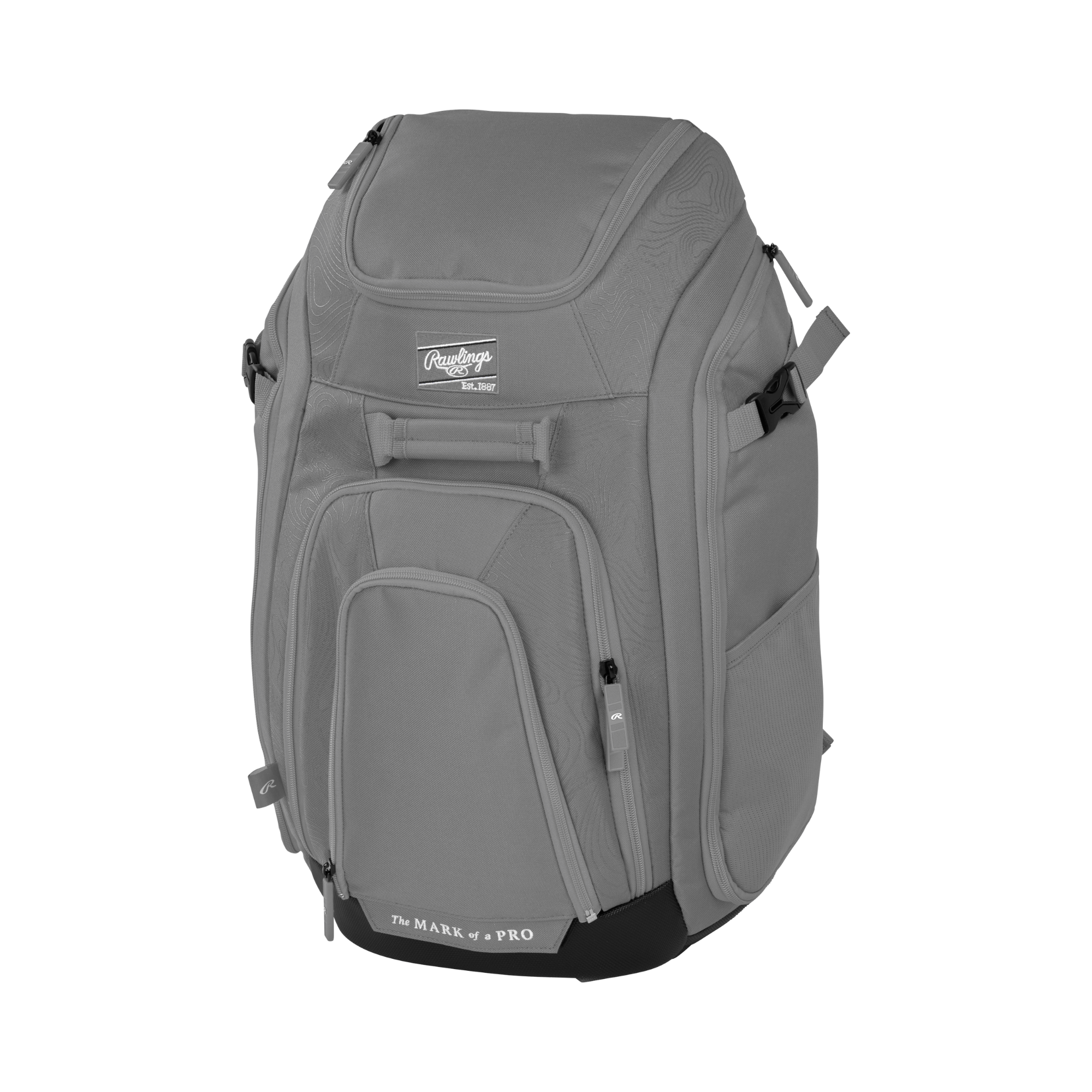 Rawlings Legion 2 Players Backpack in gray, designed for carrying sports gear with multiple compartments and sturdy construction.