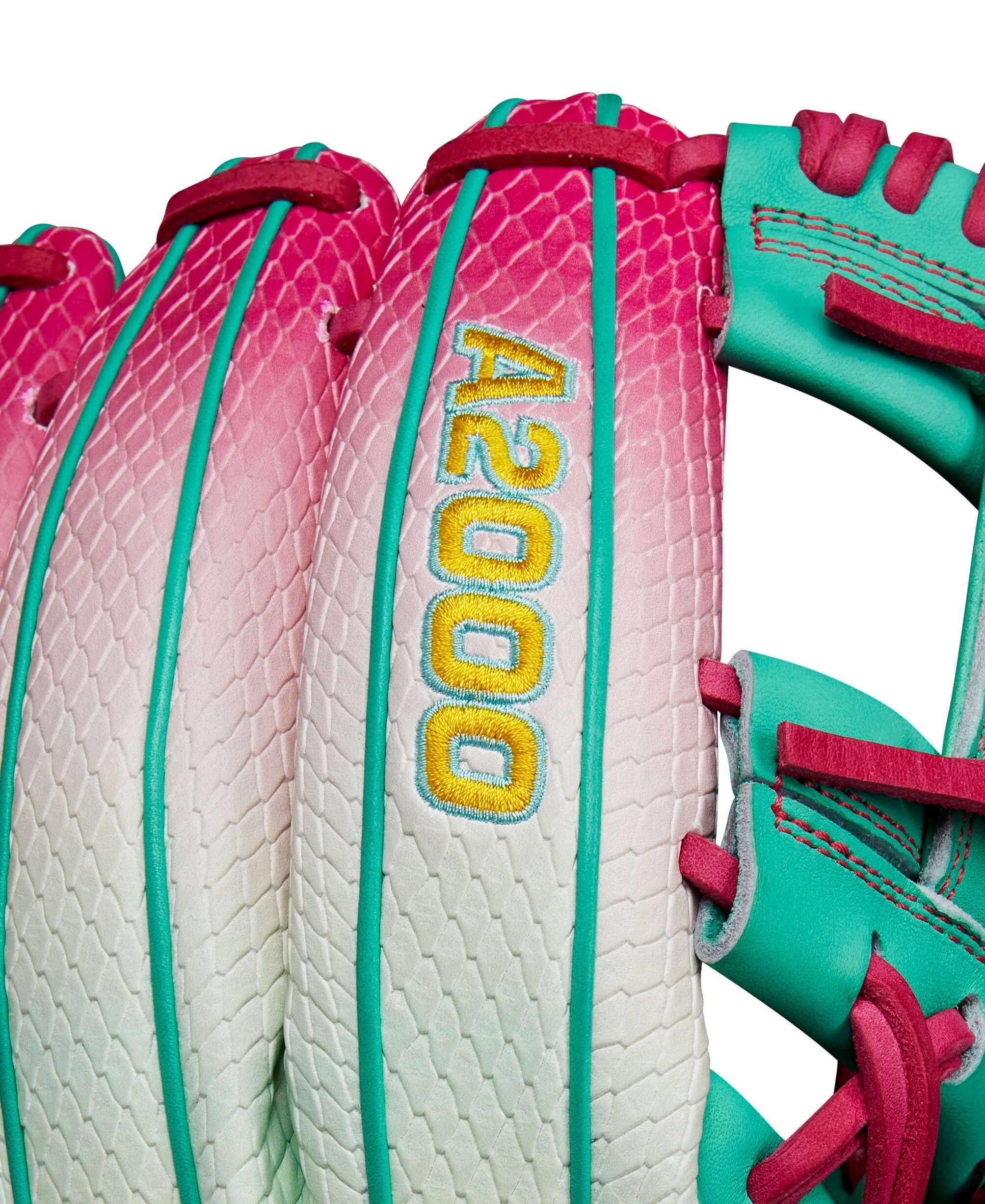 Wilson A2000 1975 glove featuring Pink to Seafoam gradient with bold logo, designed for summer style and performance.