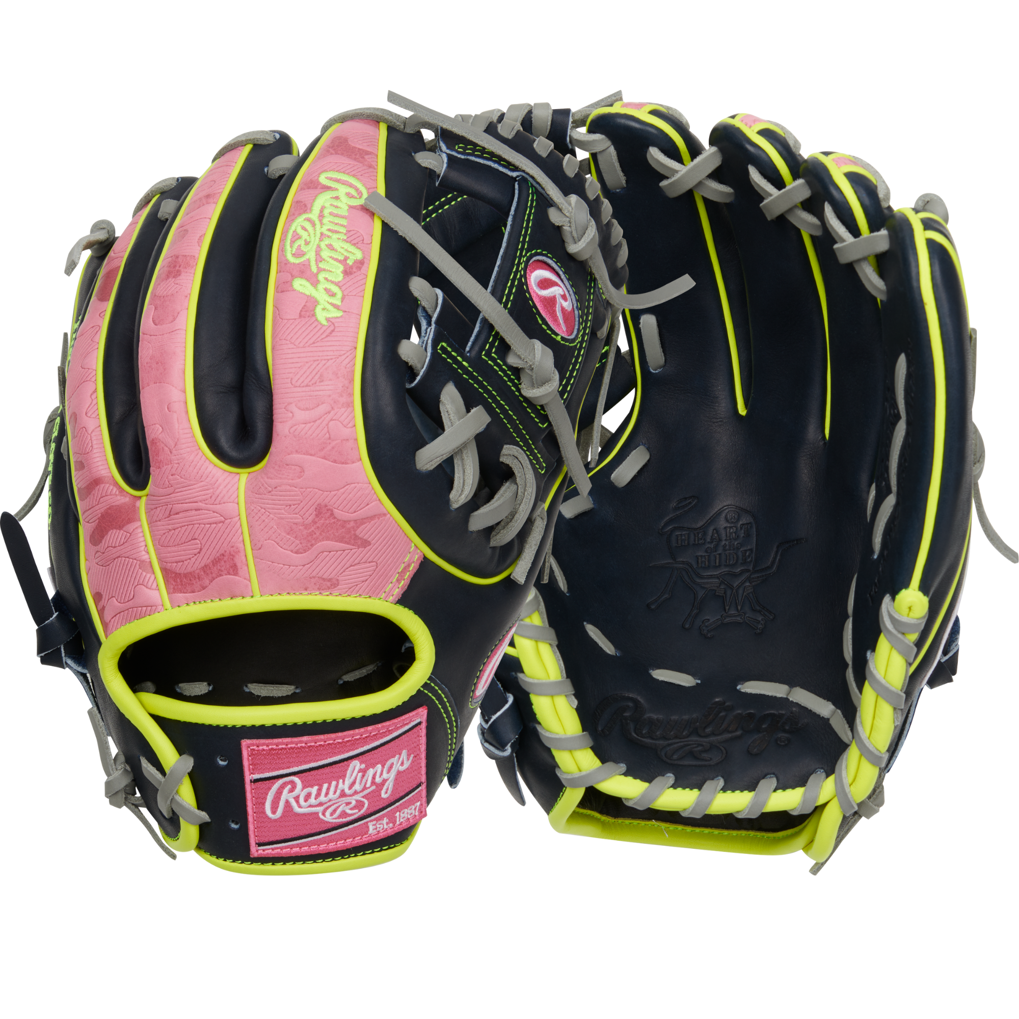 Main view of Rawlings Nov 2024 RGGC PRO315-2NPY 11.75" glove, featuring PRO31 pattern with pink camo Heart of the Hide® leather