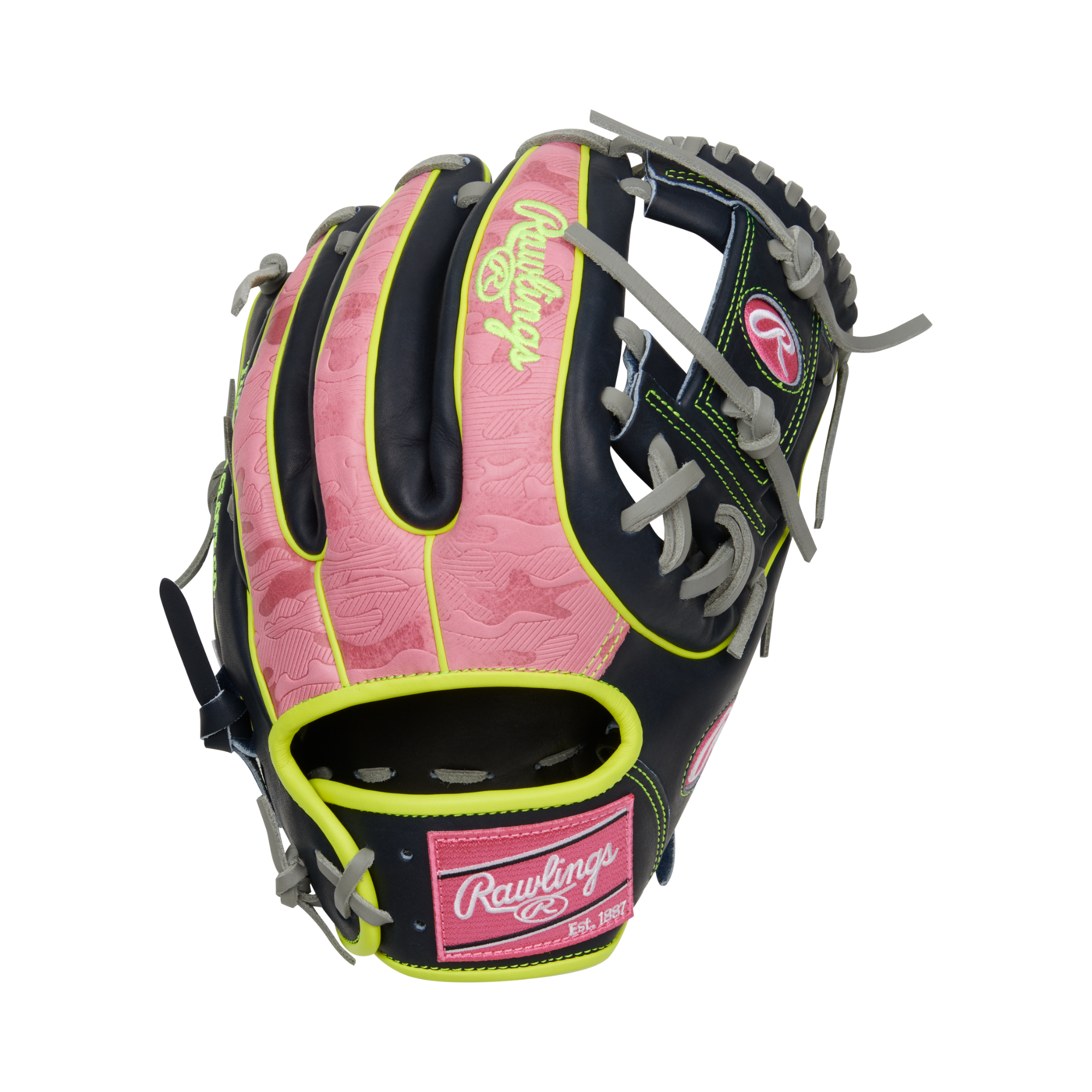 Back view of PRO315-2NPY glove, highlighting pink embroidered Rawlings patch and world-renowned leather craftsmanship