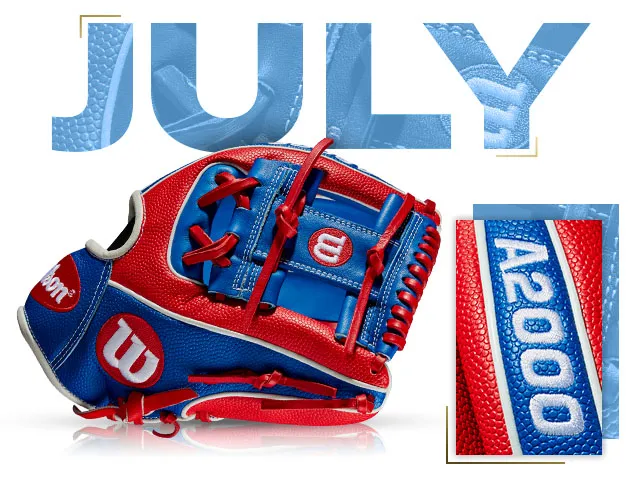 Wilson A2000 1786 SS glove in red and blue, featuring July 2019 custom design and premium craftsmanship.