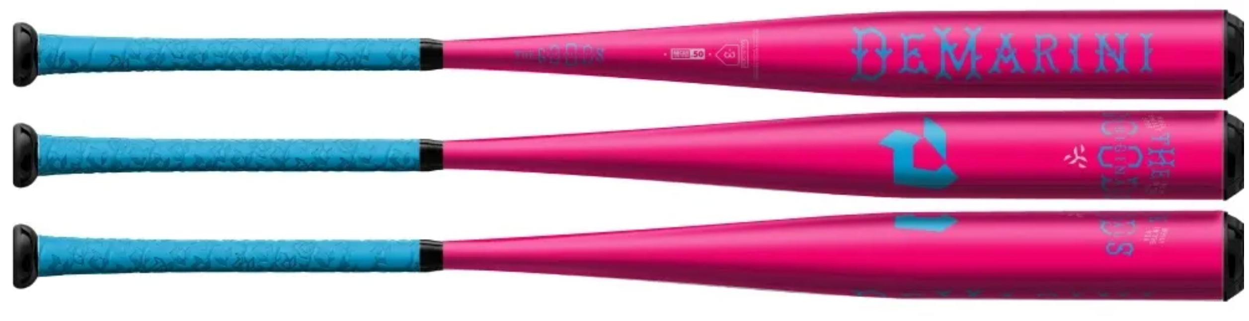 DeMarini Goods One Piece Limited Edition Pink Storm BBCOR bat featuring vibrant pink and blue design for serious players.