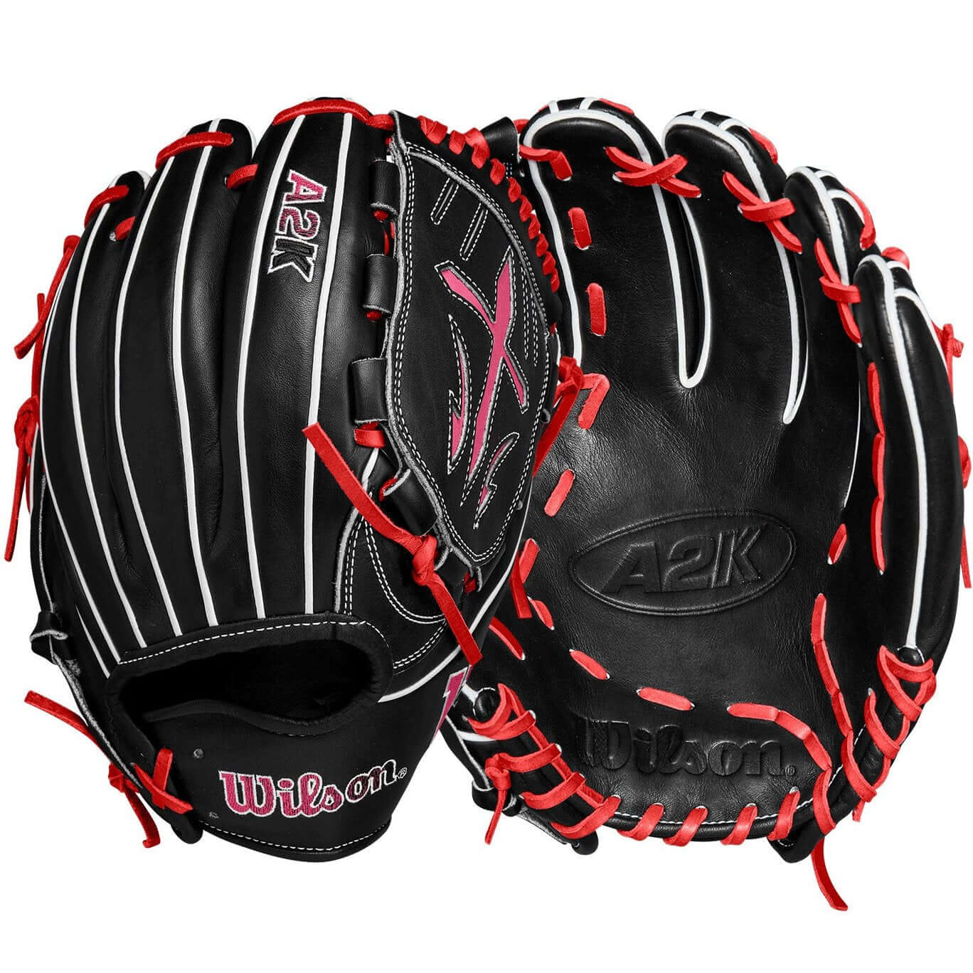 Wilson A2K B23 Pitcher's Baseball Glove in Black with Pink Accents, 12" size, designed for optimal fit and performance.