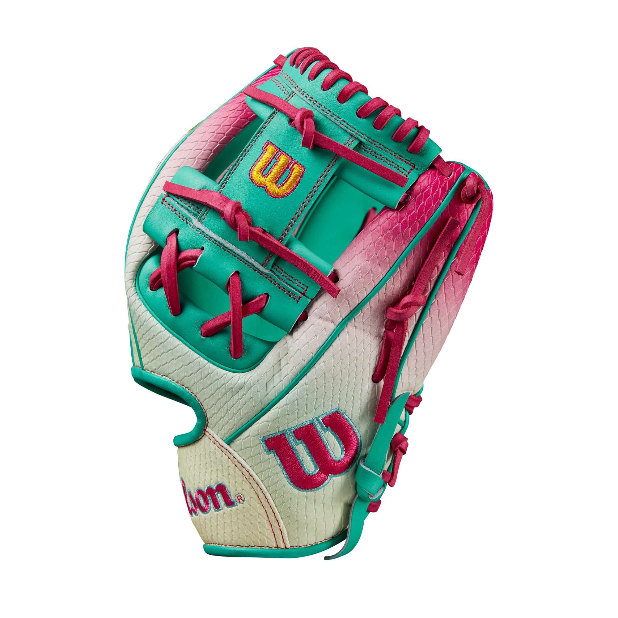 Wilson Glove of the Month September 2024 A2000 1975 in Pink to Seafoam gradient with bold logos and deeper pocket design.