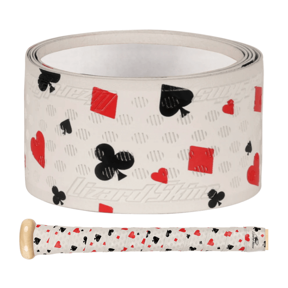 Lizard Skins DSP Ultra Bat Grip - Hold'em White with playing card designs and adhesive roll for easy installation.