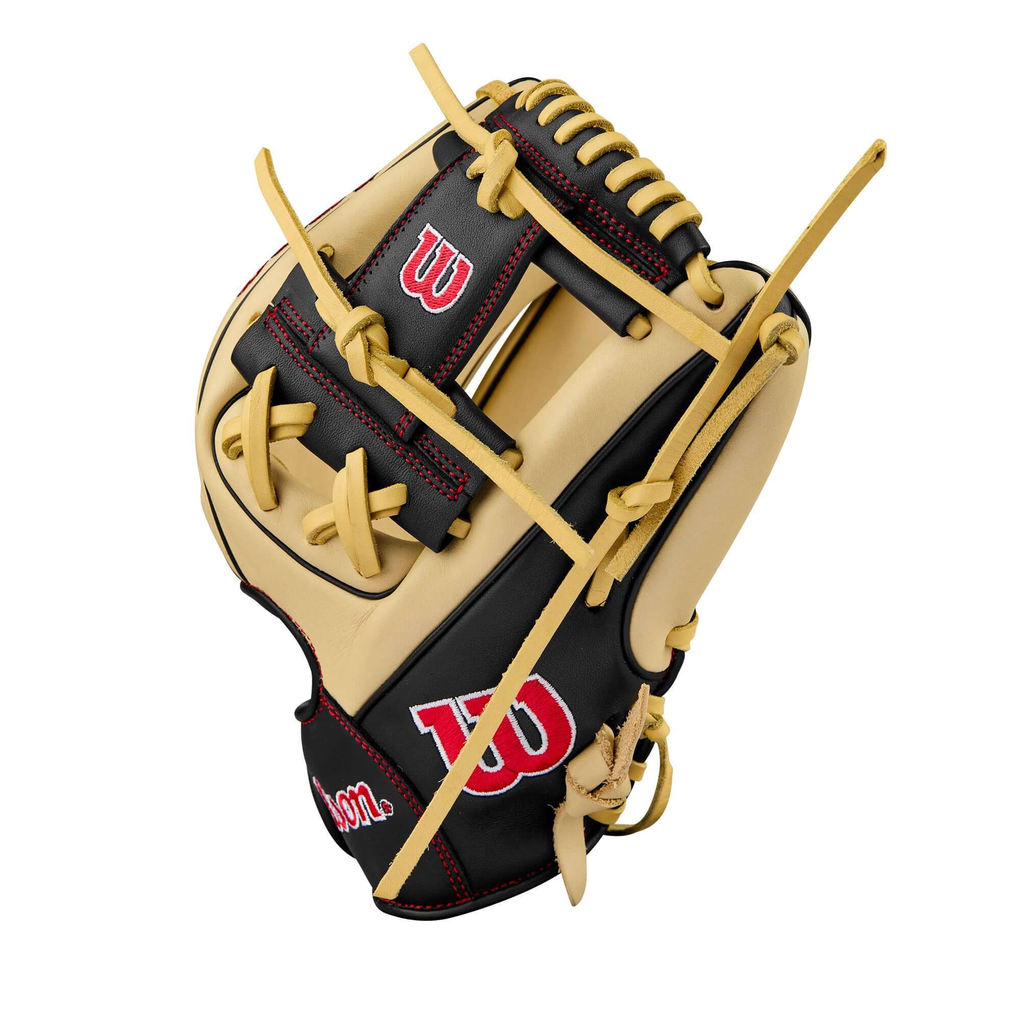 Wilson 2024 A900 PF115 glove in blonde and black, designed for youth players ages 8-12, 11.25 inches, with Pedroia Fit Technology.