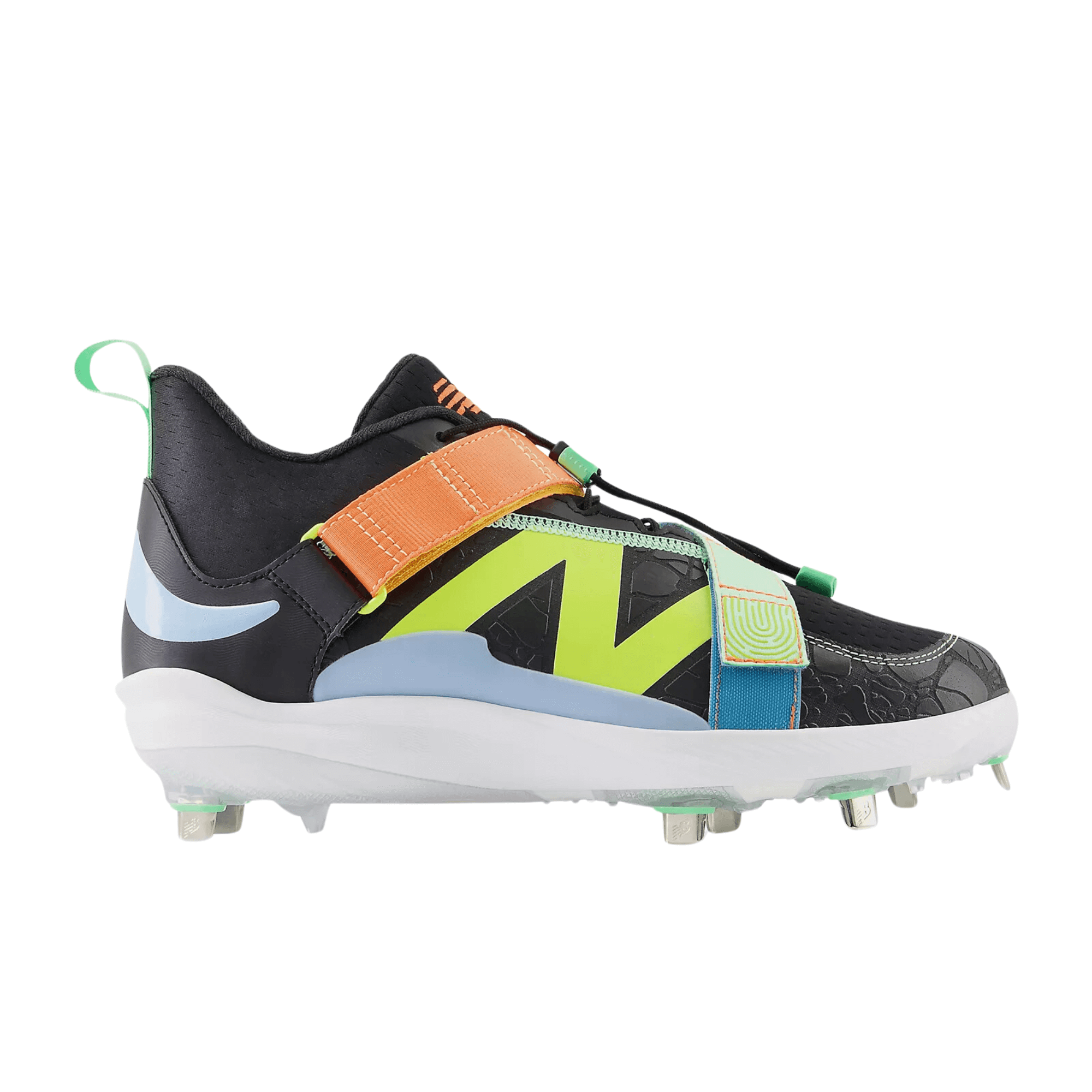 New Balance FuelCell Lindor 2 baseball cleat in black with bright green and orange accents, featuring a synthetic upper and 7-spike plate.