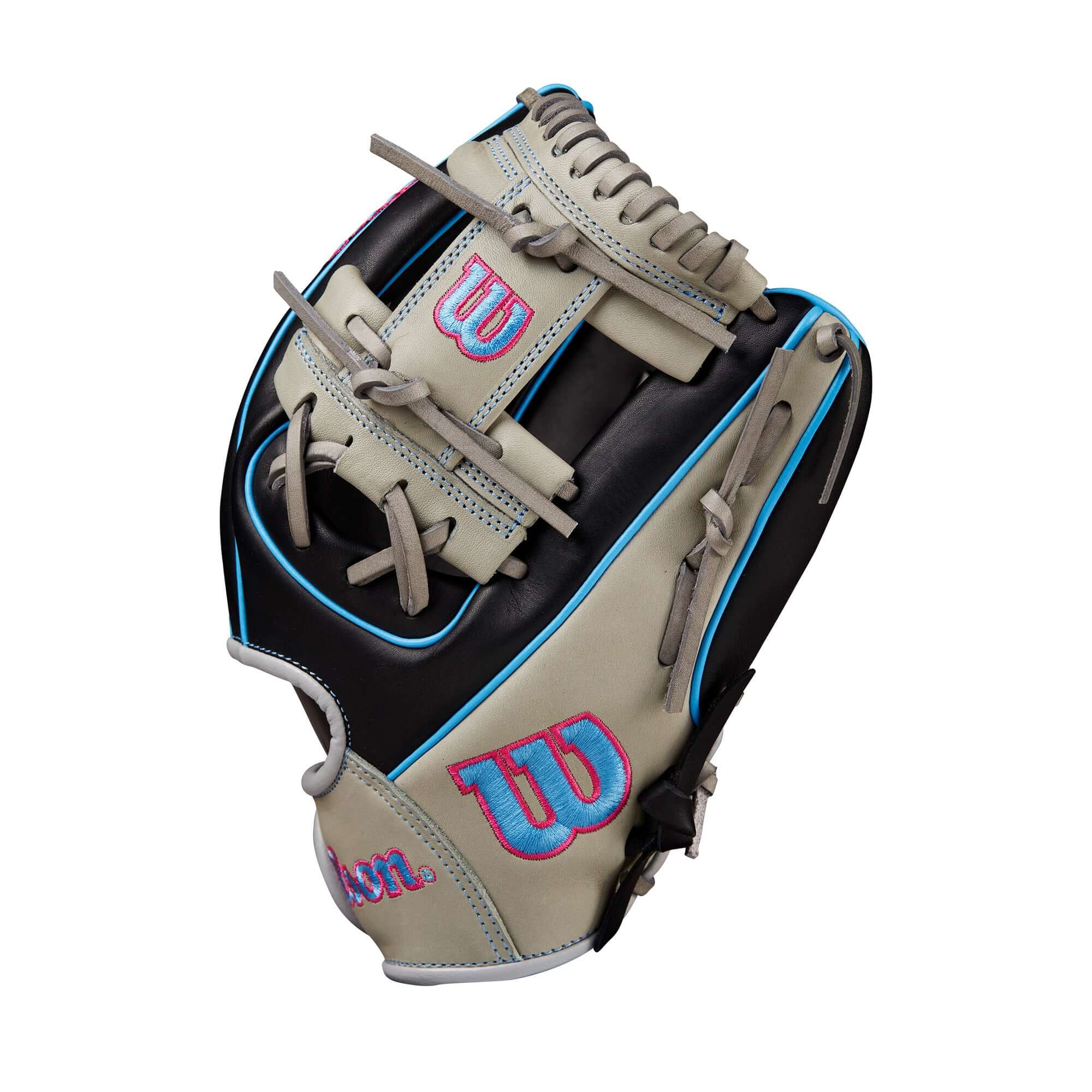 Wilson 2024 A1000 DP15 leather baseball glove in black, grey, cool blue, and pink with H-Web design for infield positions.