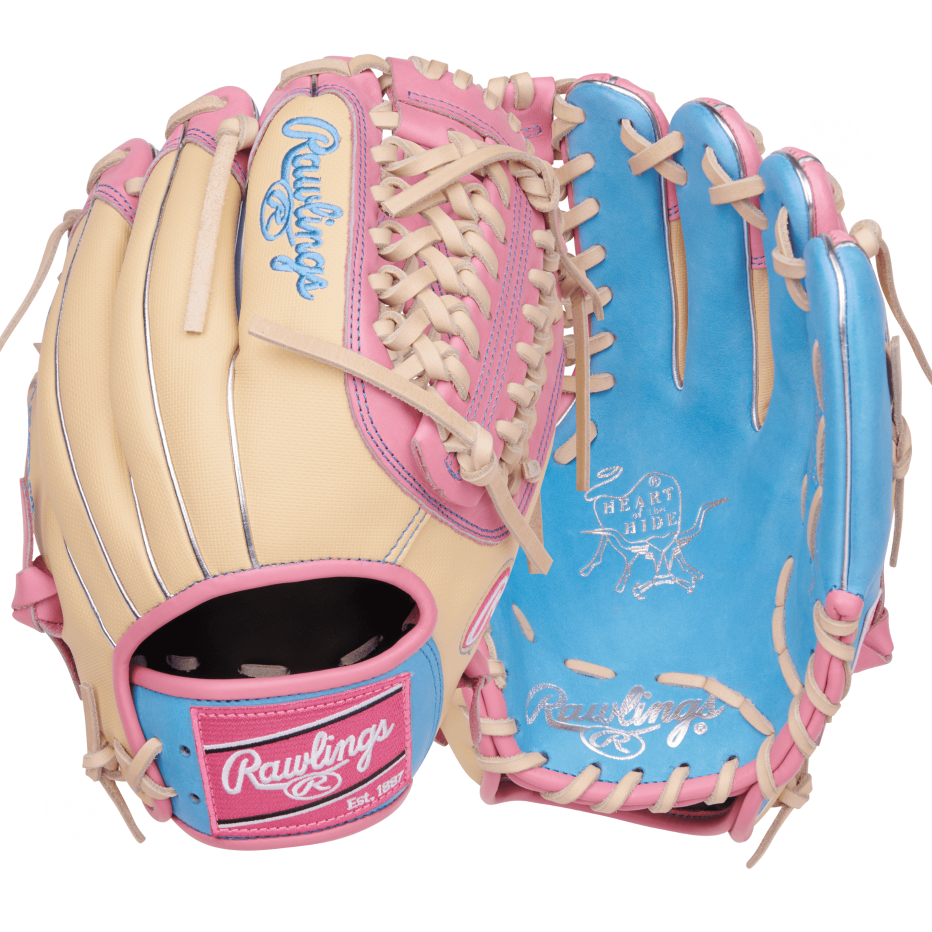 Back and palm view of the Rawlings March 2025 Gold Glove Club PROR205-4CBSS 11.75" mitt featuring pink accents and the iconic Heart of the Hide leather