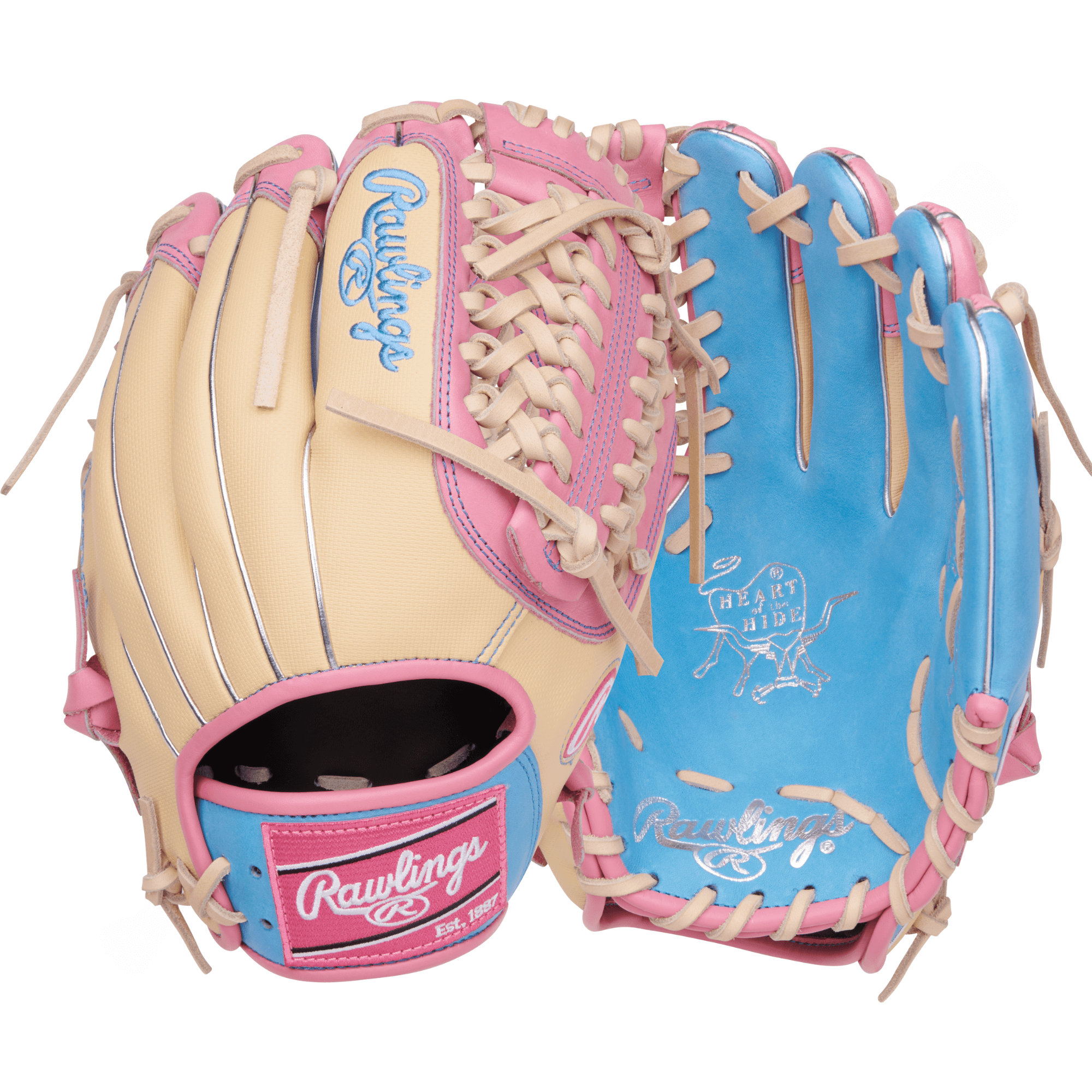 Back and palm view of the Rawlings March 2025 Gold Glove Club PROR205-4CBSS 11.75" mitt featuring pink accents and the iconic Heart of the Hide leather