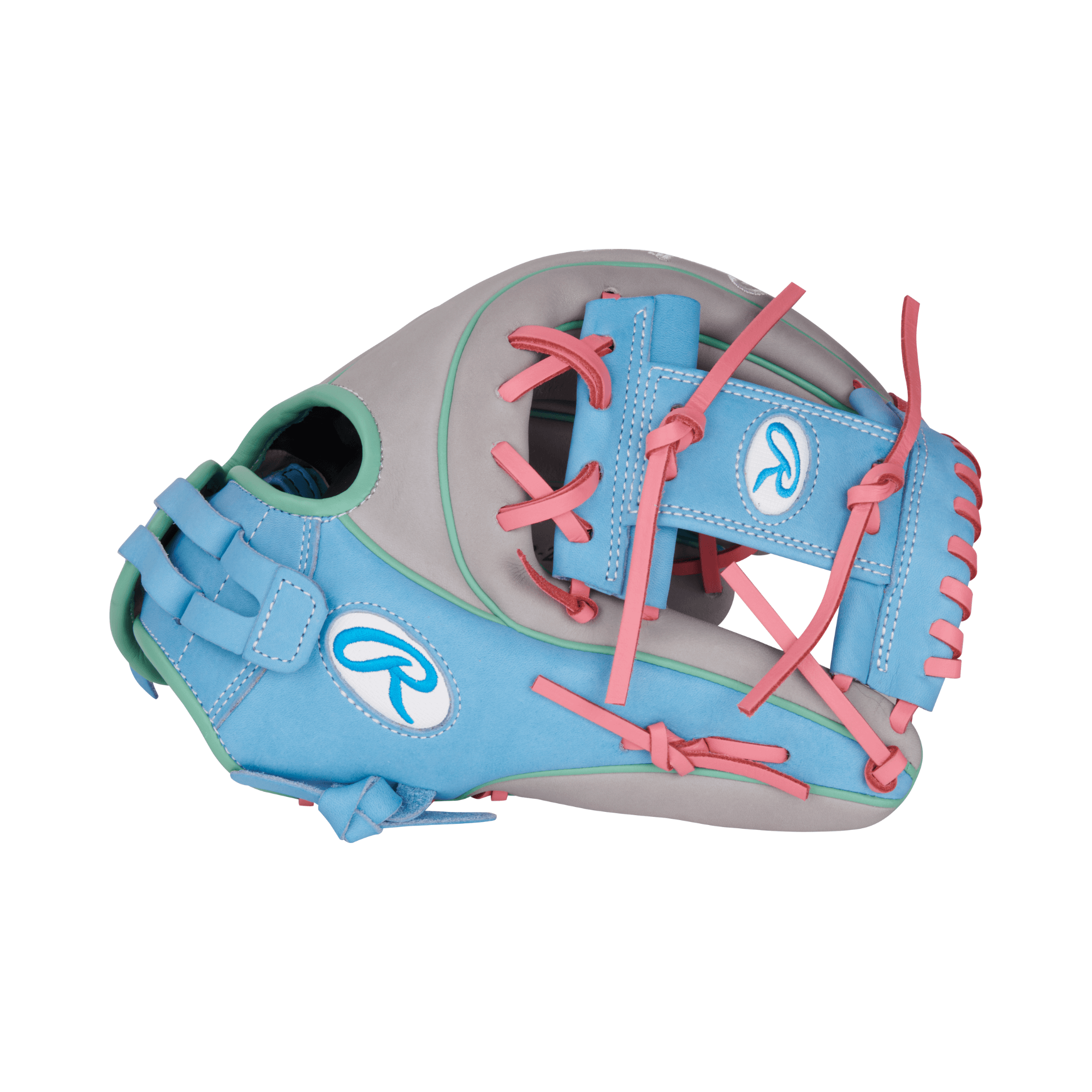 Rawlings Heart of the Hide Series Softball Glove, Gray/Columbia Blue, 12 inches, for adult fastpitch players.