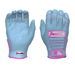 Franklin Youth CFX Pro Custom Batting Gloves in Baby Blue/Pink with logo and knuckle piping design.