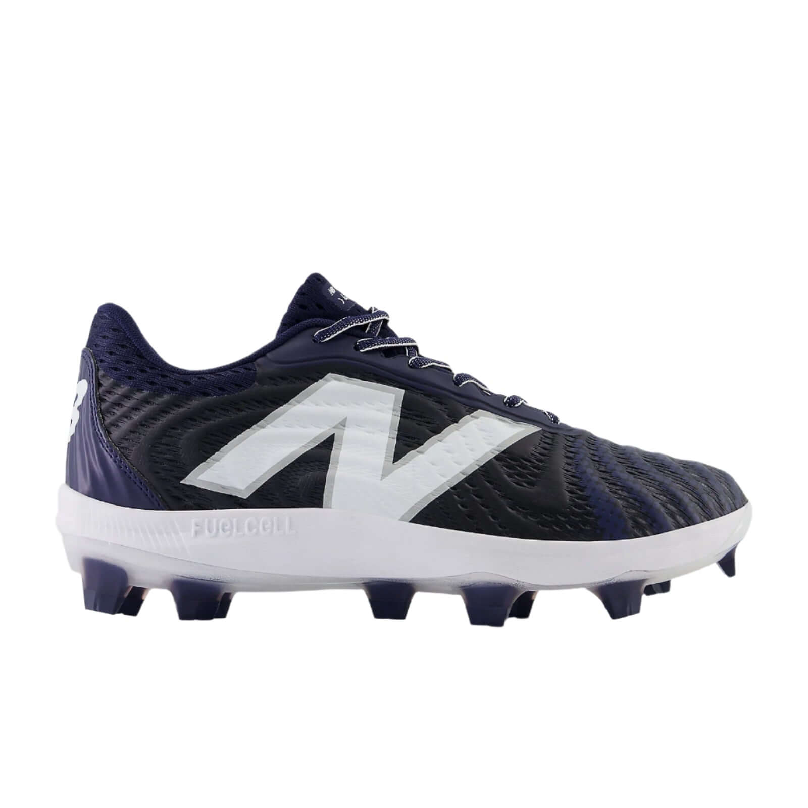 Front view of New Balance FuelCell 4040v7 Molded Cleats in Team Navy, highlighting the sleek knit upper design.