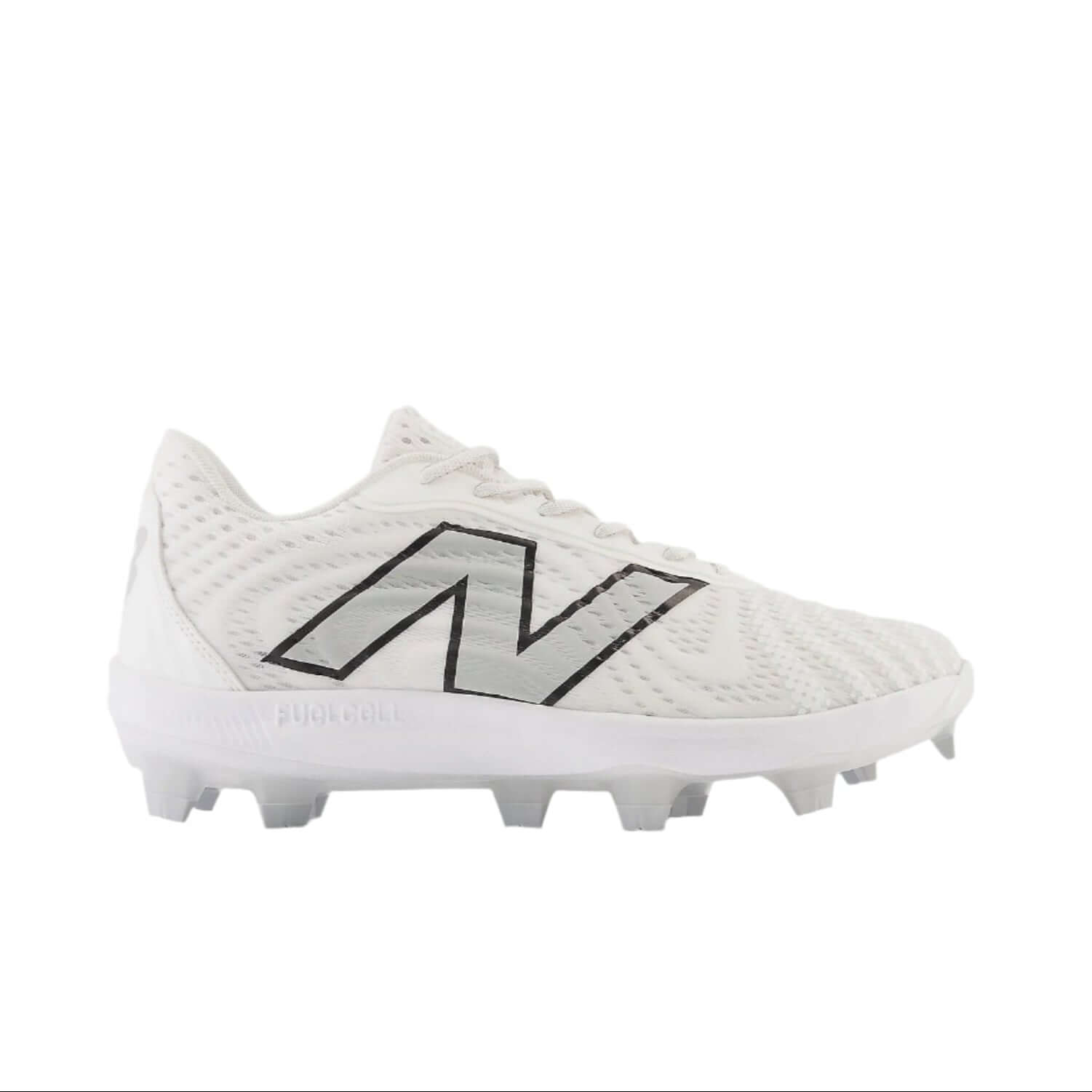  Side view of FuelCell 4040v7 Cleats in Optic White, showcasing the supportive mesh upper.