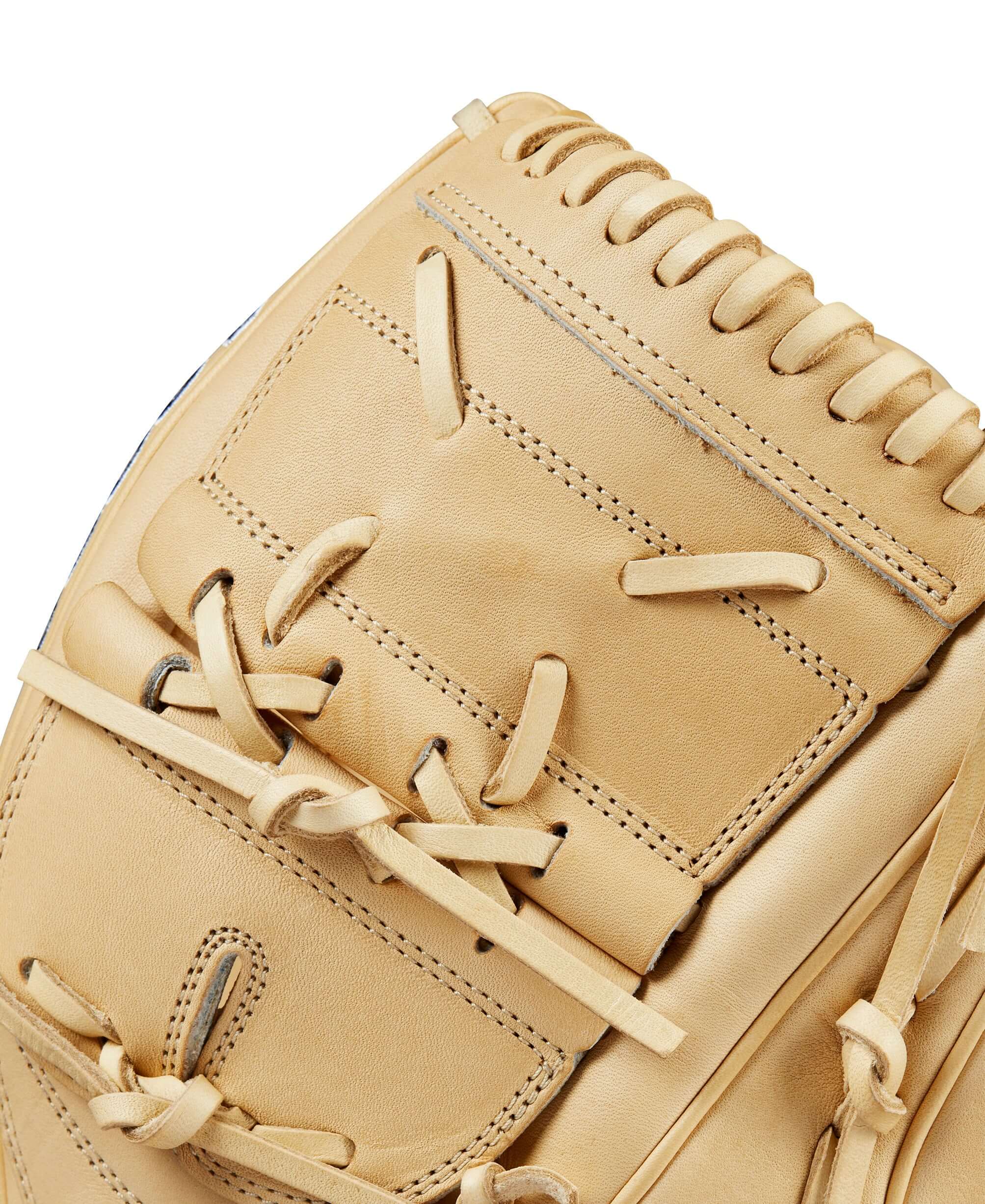 Close-up of Wilson 2024 A2000 B2 Classic Series Pitcher's Baseball Glove in blonde leather with detailed webbing.