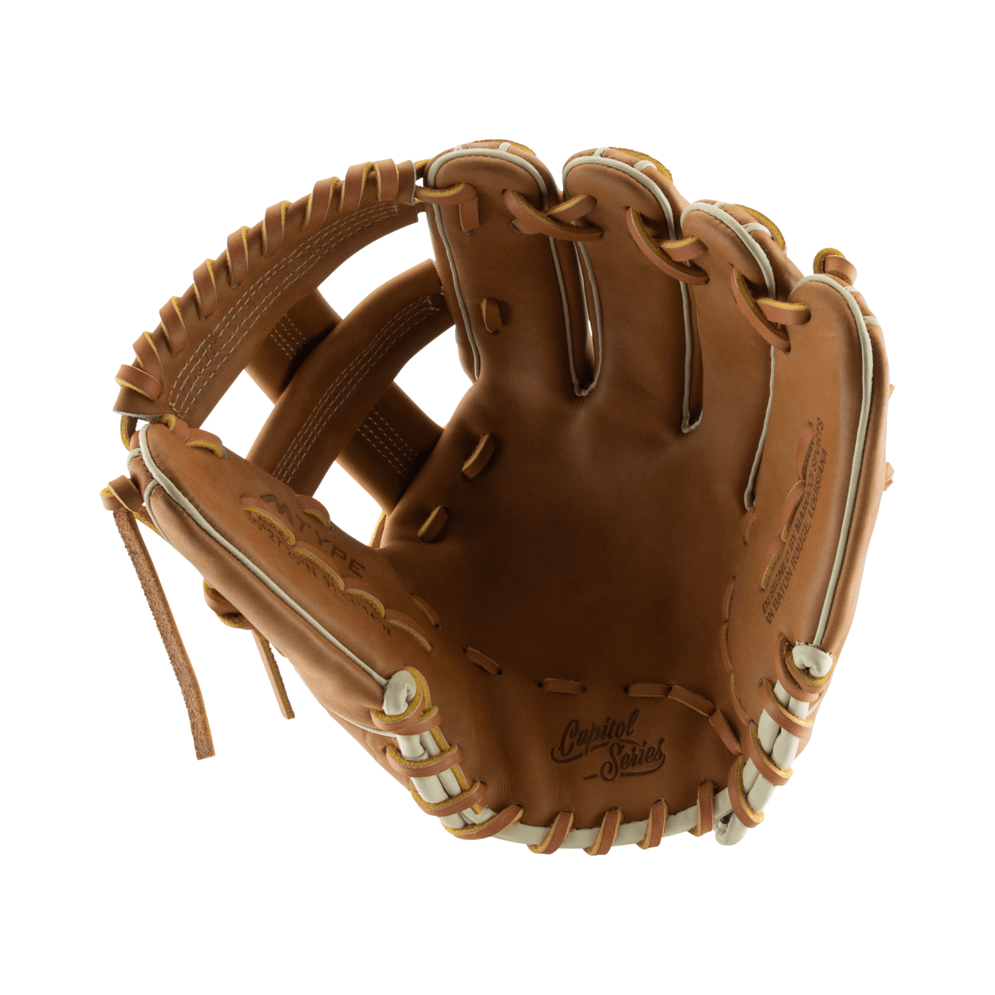 Marucci Capitol Series AB2 Toffee/Gator Tan RHT 11.75" glove showing single post web and high-quality Japanese-tanned USA Kip leather.