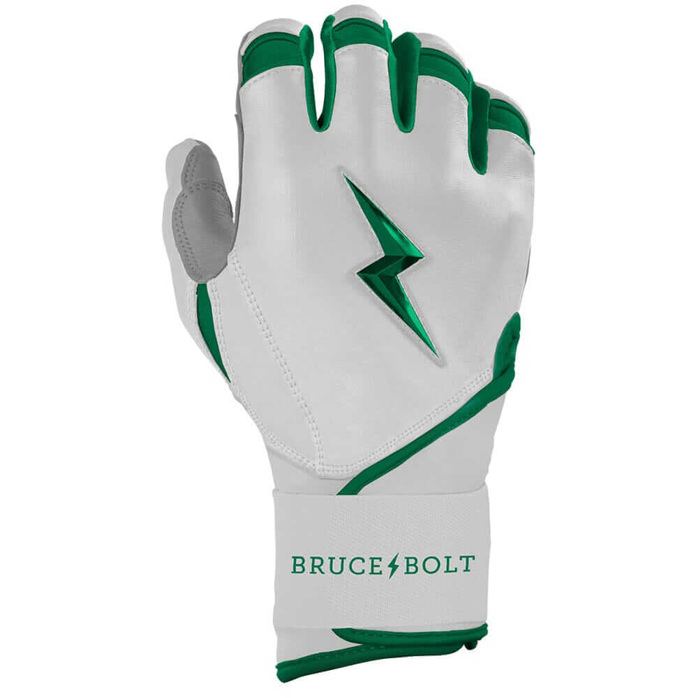 Right hand showcasing Bruce Bolt Youth Premium Pro Chrome Batting Glove, green color