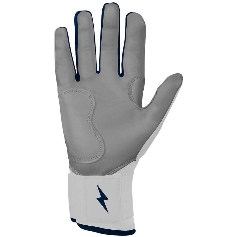 Bruce Bolt Youth Premium Pro Chrome Long Cuff Batting Gloves in navy, featuring soft leather and reinforced palm for durability.