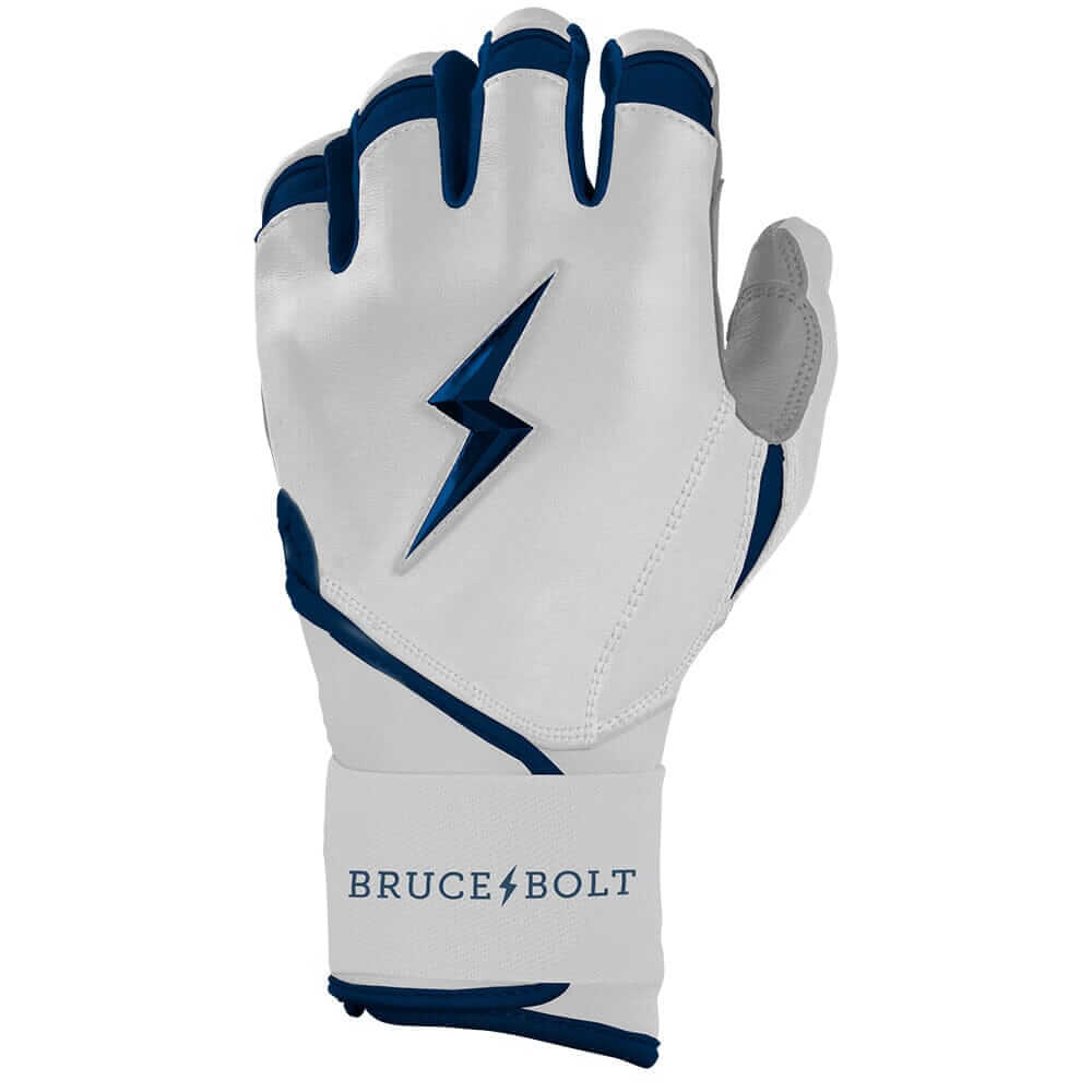 Left hand showing Bruce Bolt Premium Pro Chrome Batting Glove, navy color.