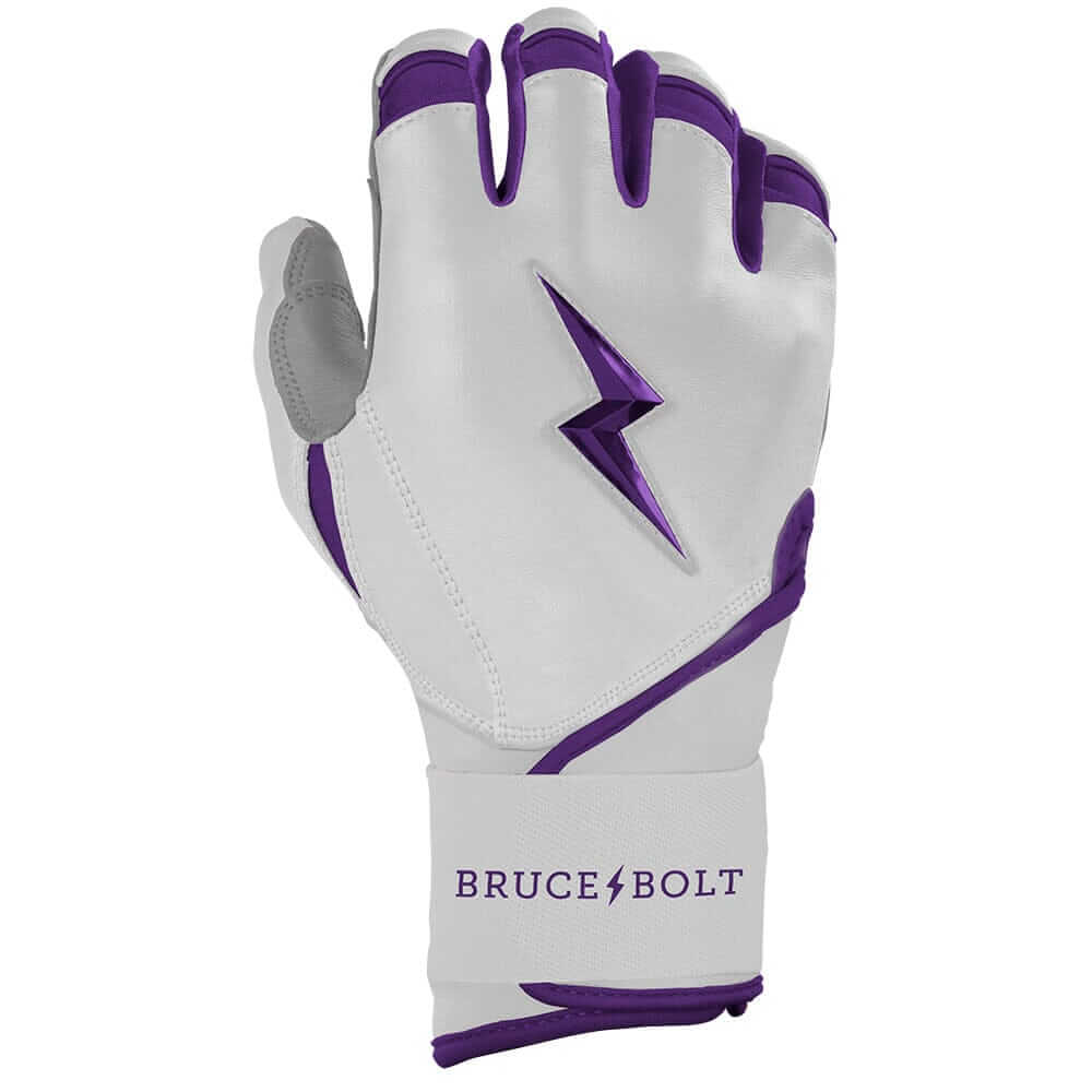 Bruce Bolt youth batting gloves in purple with chrome accents and lightning logo for superior performance in baseball.