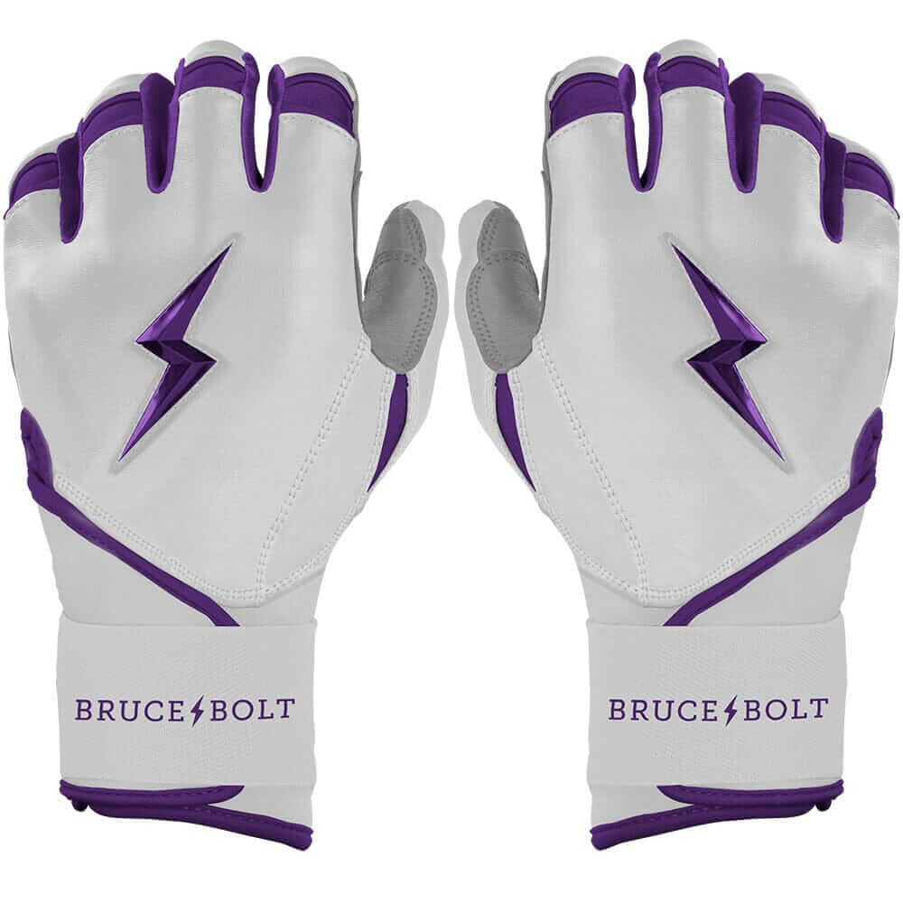 Bruce Bolt youth premium pro chrome long cuff batting gloves in purple and white with lightning bolt logo.