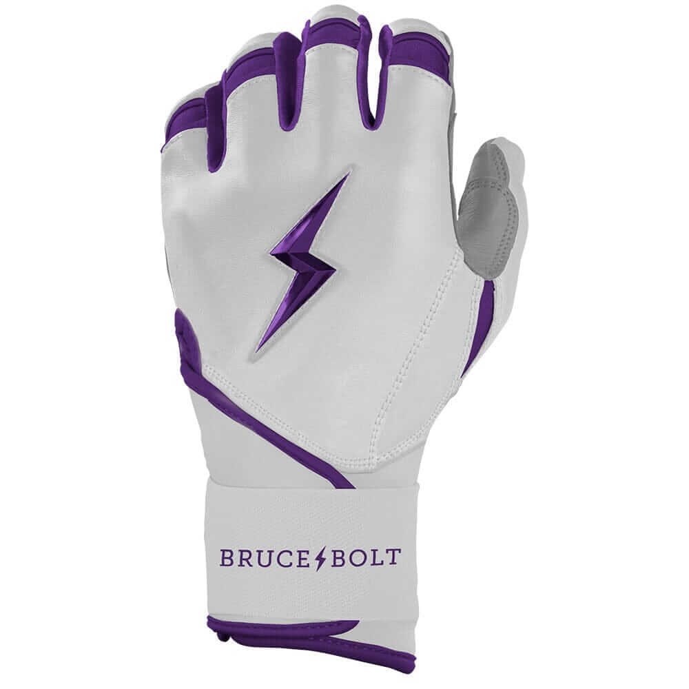 Left hand featuring Bruce Bolt Premium Pro Chrome Batting Glove, purple color.