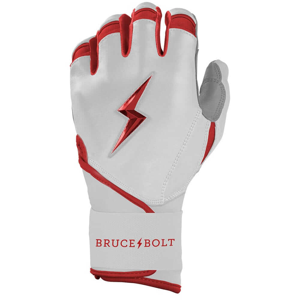 Left hand wearing Bruce Bolt Premium Pro Chrome Batting Glove, red color.