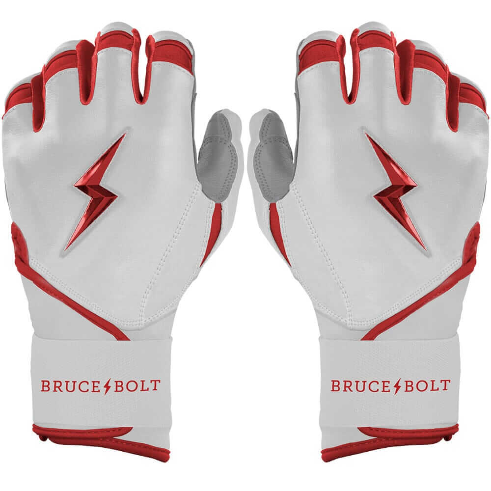 Bruce Bolt Youth Premium Pro Chrome Long Cuff Batting Gloves in red and white, featuring Cabretta leather for comfort and durability.