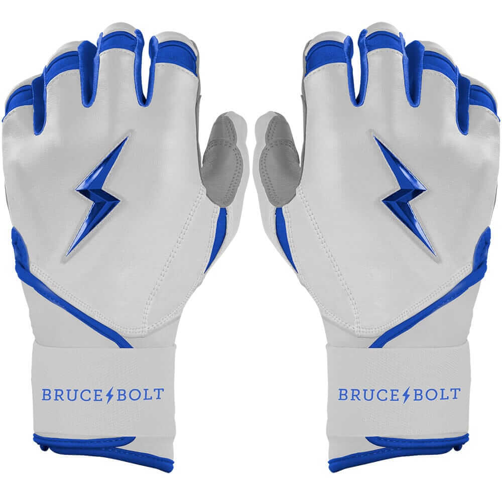 Bruce Bolt Youth Premium Pro Chrome Long Cuff Batting Gloves in royal blue, featuring sleek design and reinforced palm.