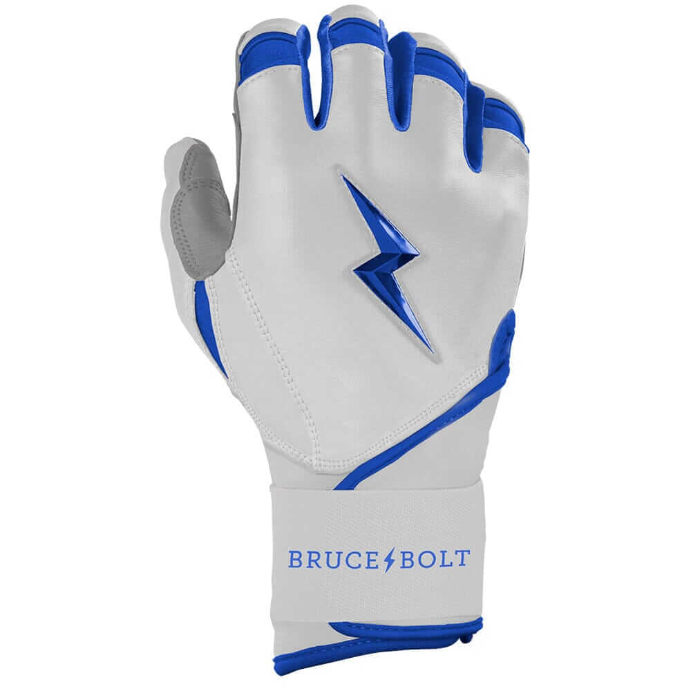 Bruce Bolt Premium Pro Chrome Long Cuff Batting Gloves in royal blue with lightning bolt logo, showcasing superior craftsmanship.