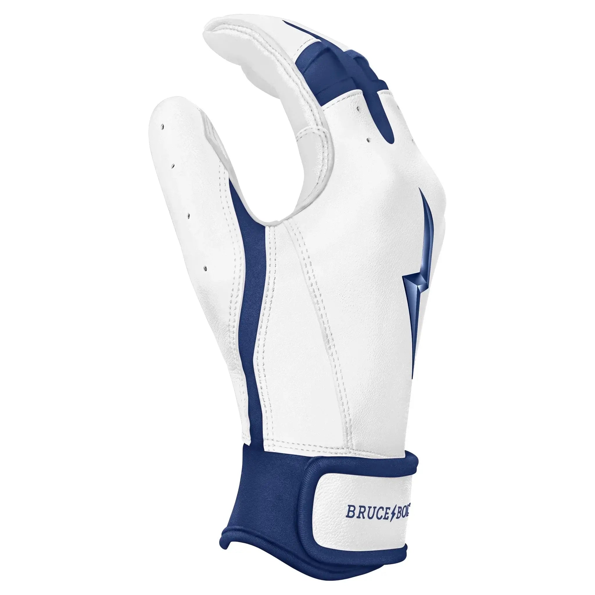 Bruce Bolt Premium Pro Chrome Short Cuff Batting Gloves in Navy, showcasing durable Cabretta leather and reinforced palm design.