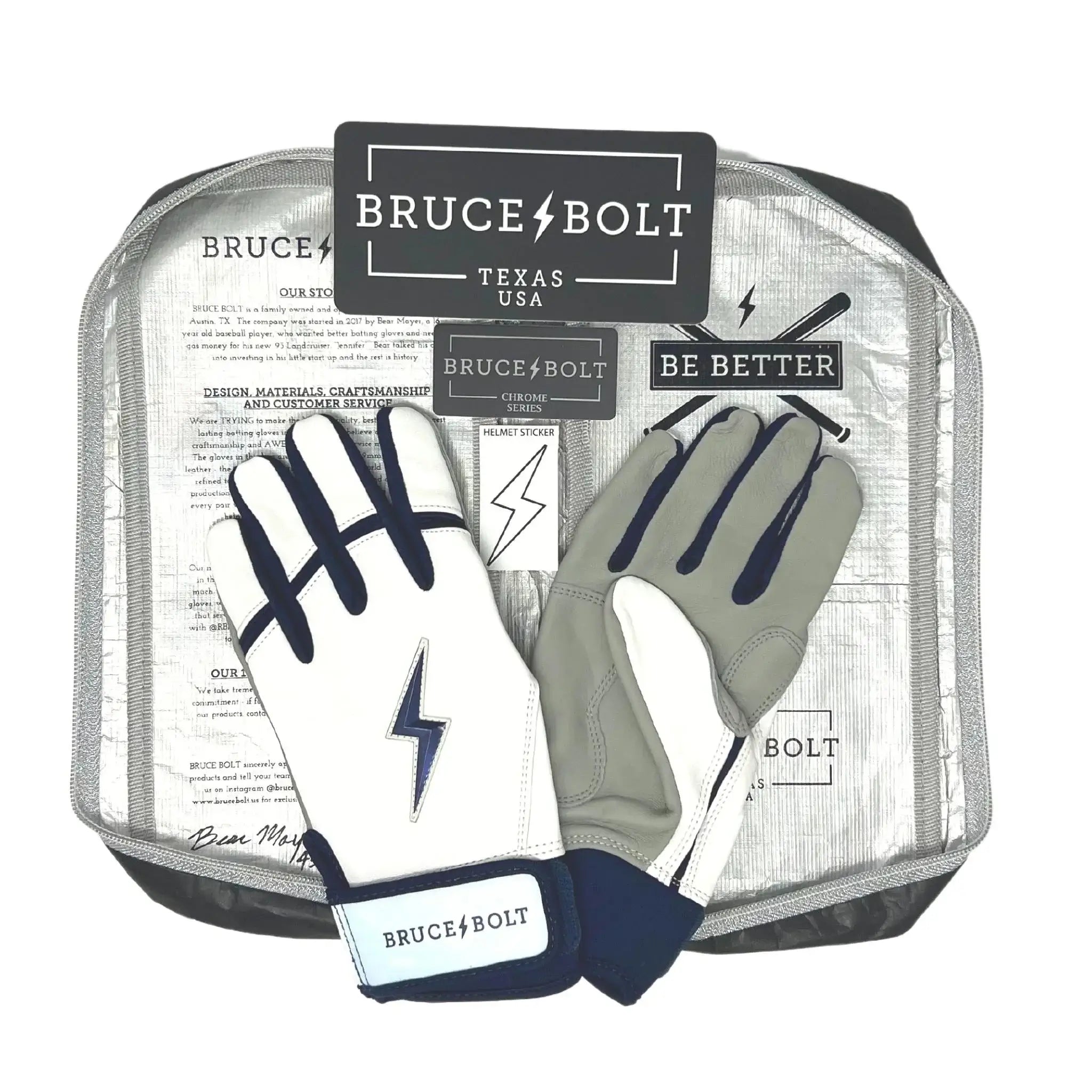 Bruce Bolt Premium Pro Chrome Short Cuff Batting Gloves in Navy, displayed with packaging, showcasing quality and design.