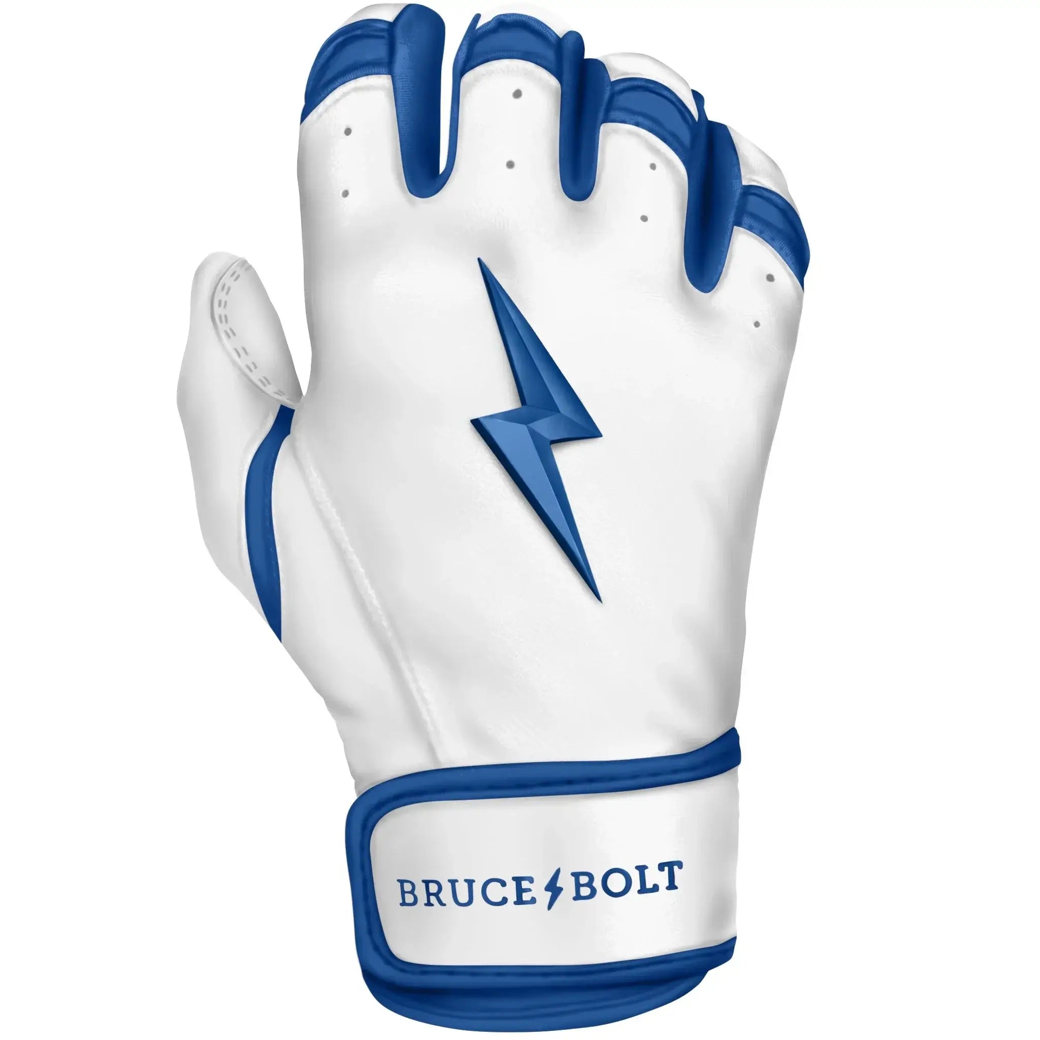 Bruce Bolt Premium Pro Chrome Short Cuff Batting Glove in Royal blue and white, designed for superior comfort and performance.