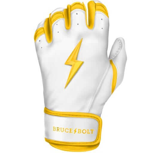 Bruce Bolt Premium Pro Chrome Short Cuff Batting Gloves in yellow and white featuring a lightning bolt design.