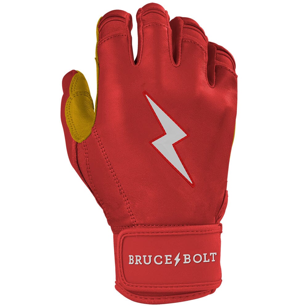 Backhand view of Bruce Bolt Premium Pro Short Cuff Batting Gloves, Red color