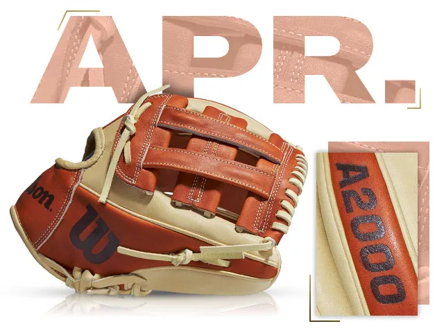 Wilson 100 GOTM April 2020 Custom A2000 PP05 glove with red and cream design, showcasing high-quality craftsmanship.