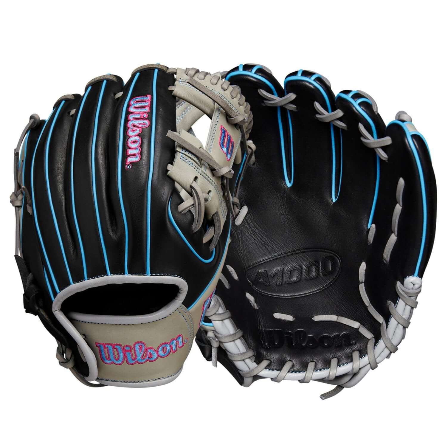 Wilson 2024 A1000 DP15 baseball glove in black, grey, cool blue, and pink, featuring 11.5" size and H-Web design for infielders.