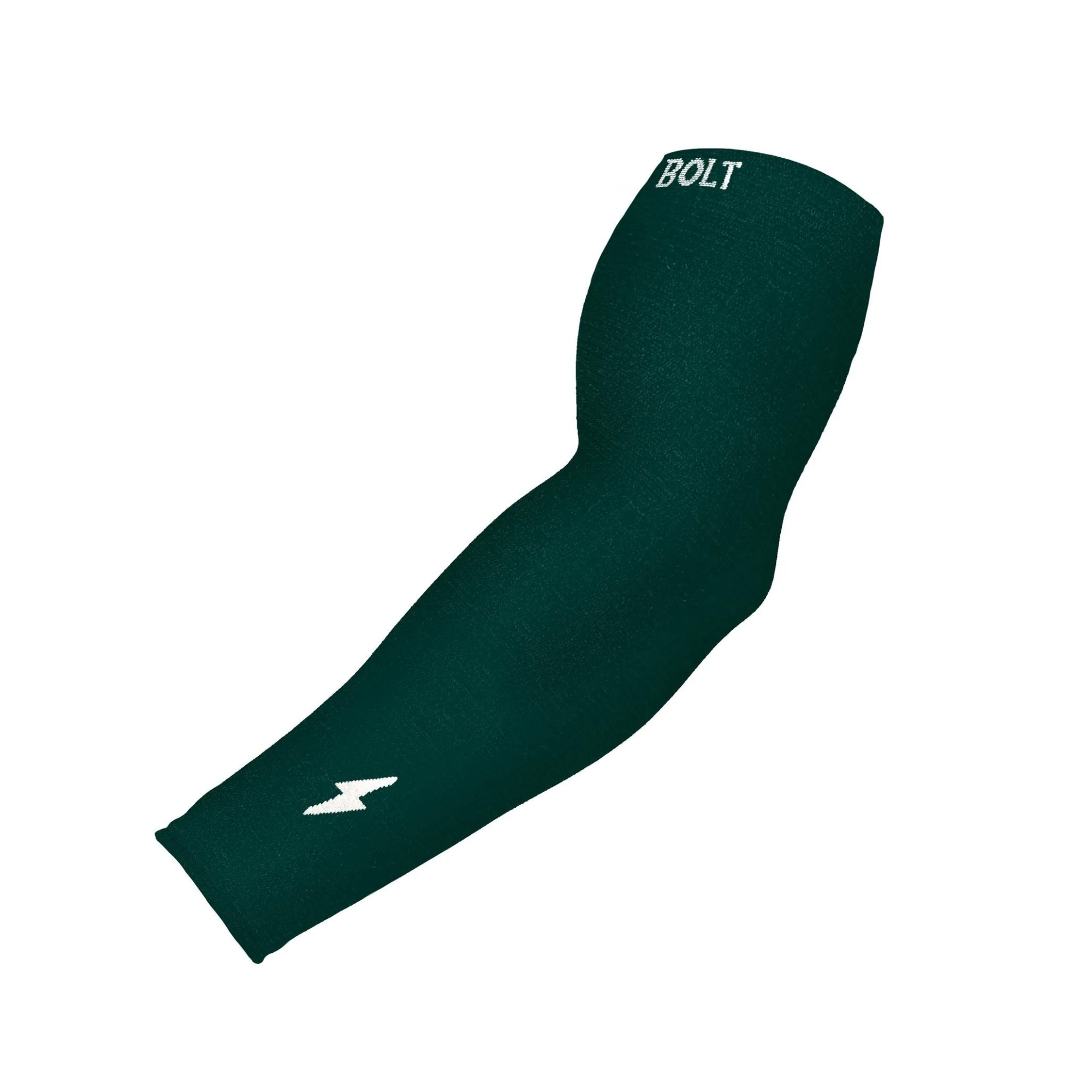 Bruce Bolt green graduated compression arm sleeve for sports performance and muscle recovery.