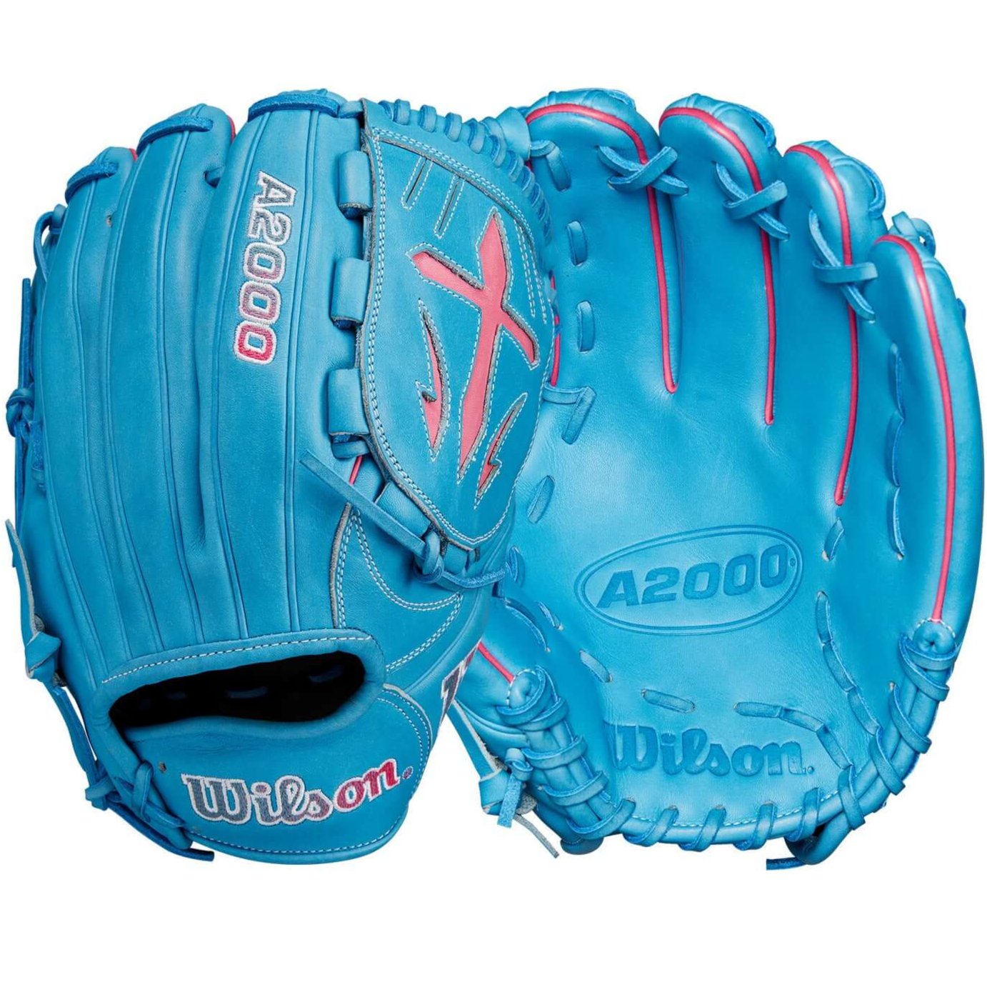 Wilson A2000 May 2024 glove in Sky Blue and Flamingo Pink, 12-inch pitcher’s glove with Swordsman Web design.