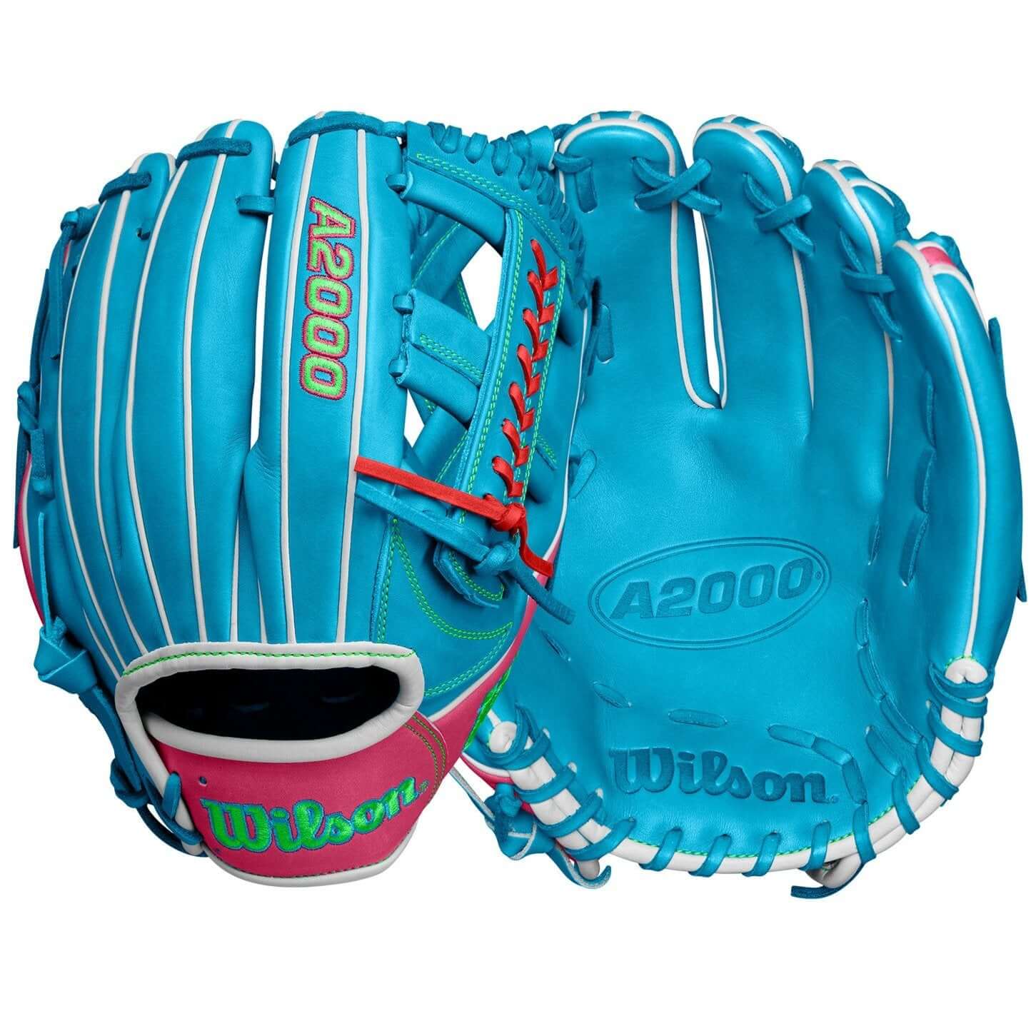 Wilson A2000 1785 Sky Blue 11.75” infield baseball glove with Flamingo Pink lace and durable Pro Stock leather.