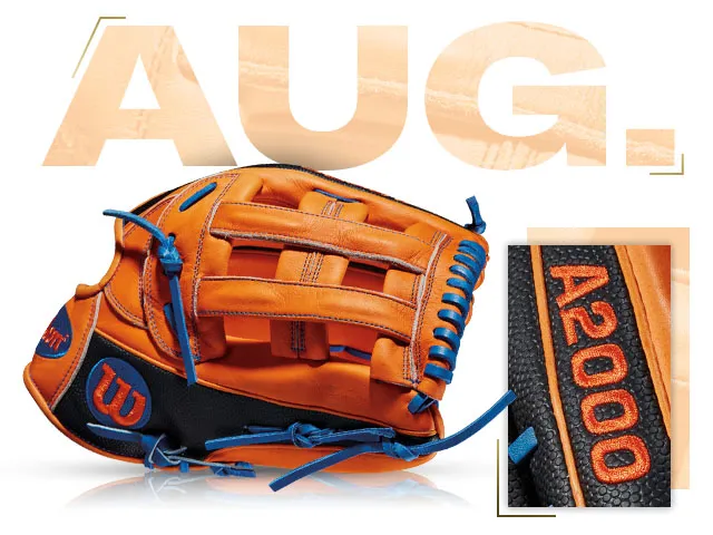 Wilson A2000 1799 SS glove in orange and blue for August 2014, featuring unique design details, labeled with "A2000".