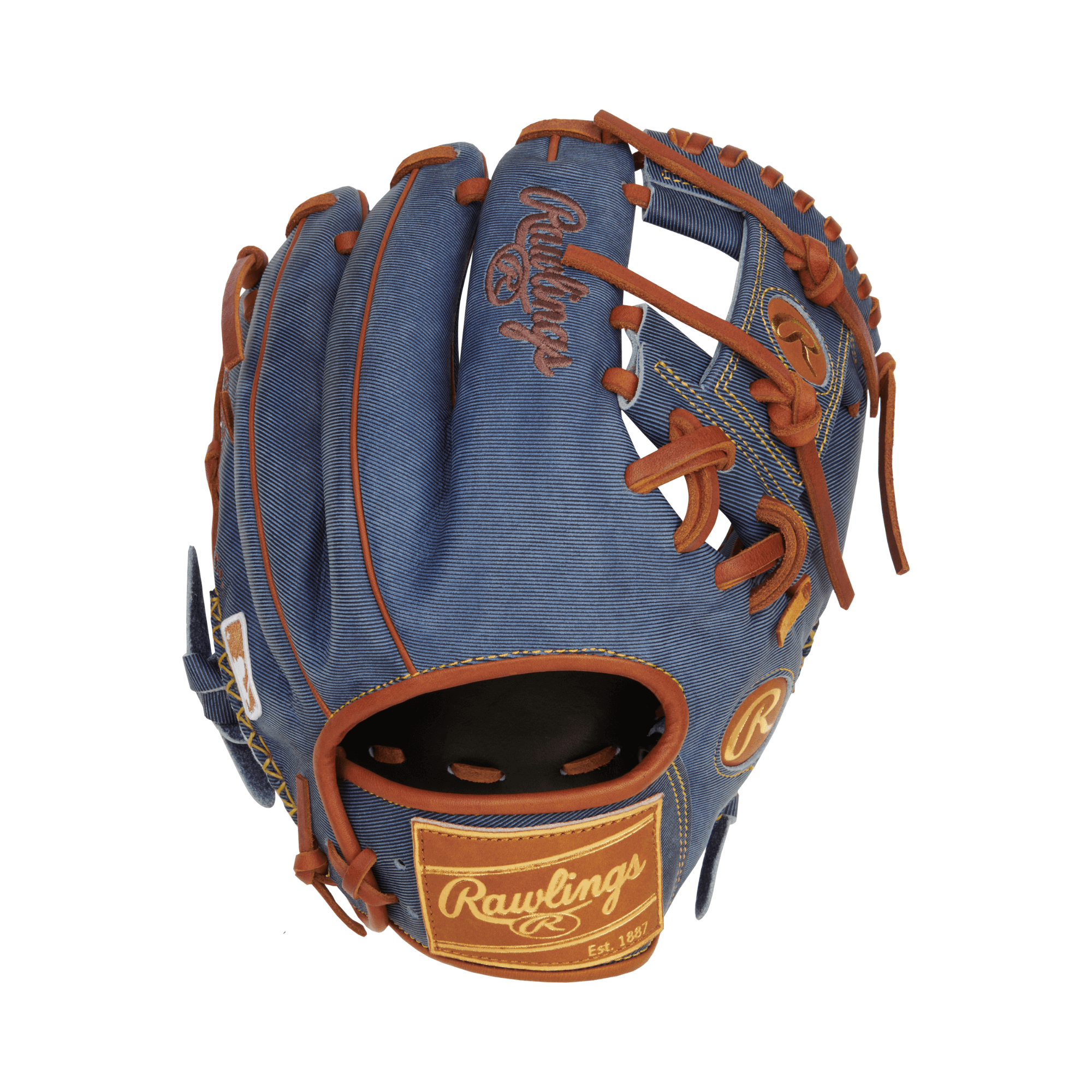 Rawlings Heart of the Hide Denim Edition 11.5" infield glove with brown stitching and denim-like finish.