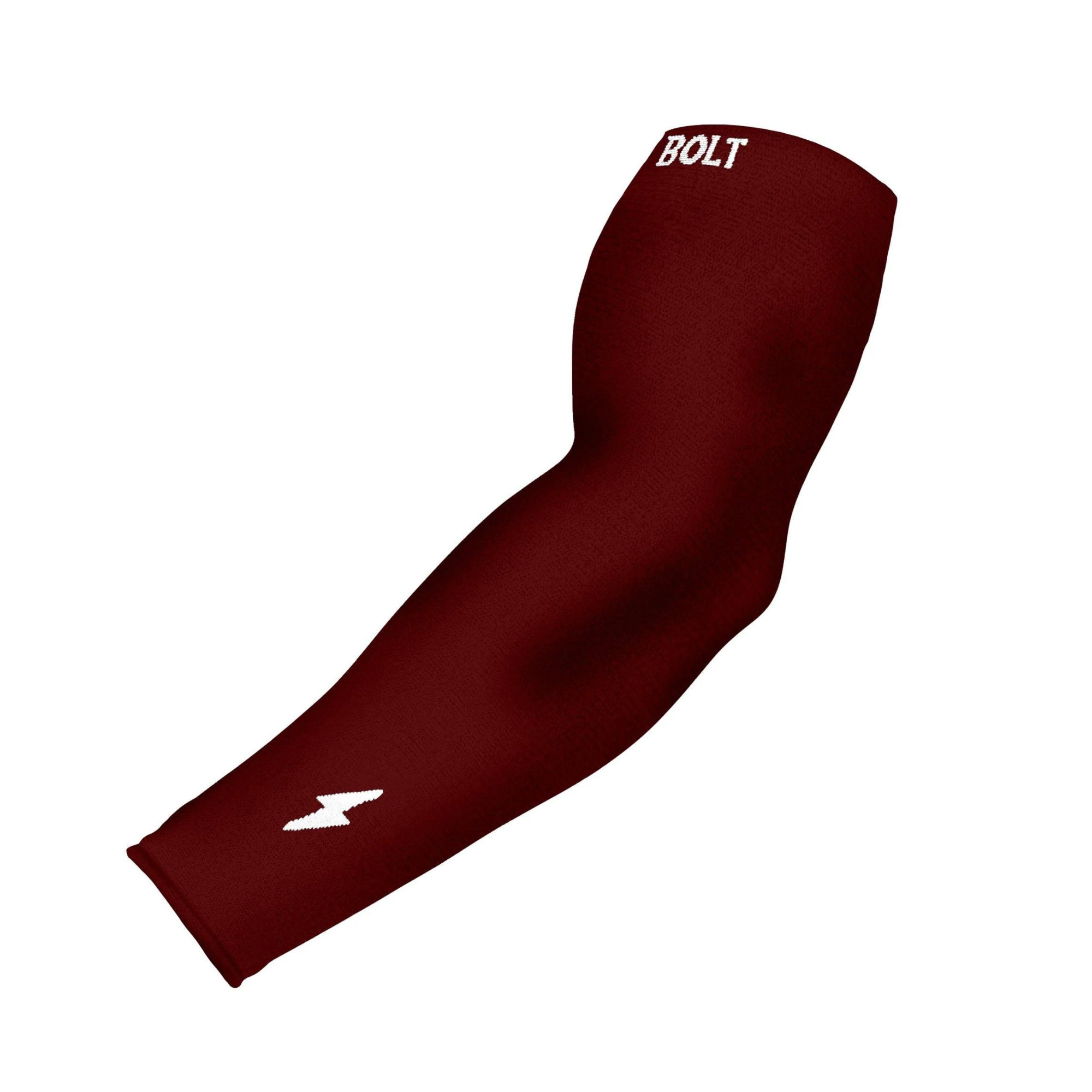 Bruce Bolt maroon graduated compression arm sleeve for enhanced blood flow and muscle support during sports.