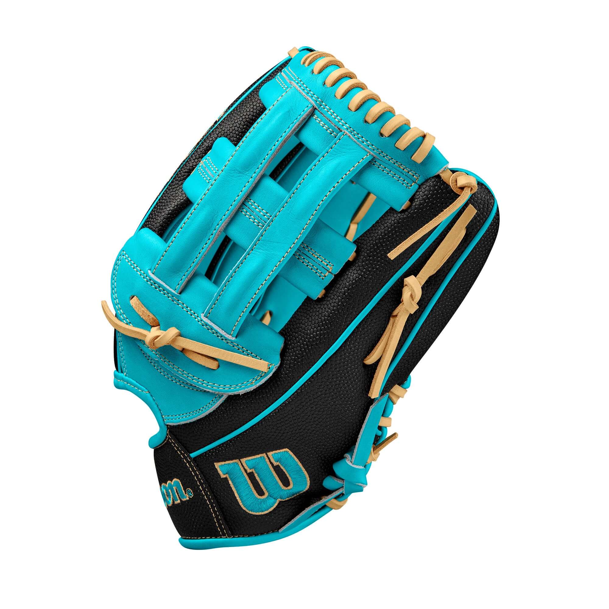 Black and teal 12.25 Wilson A2000 PF50SS outfield baseball glove with Pedroia Fit Technology.