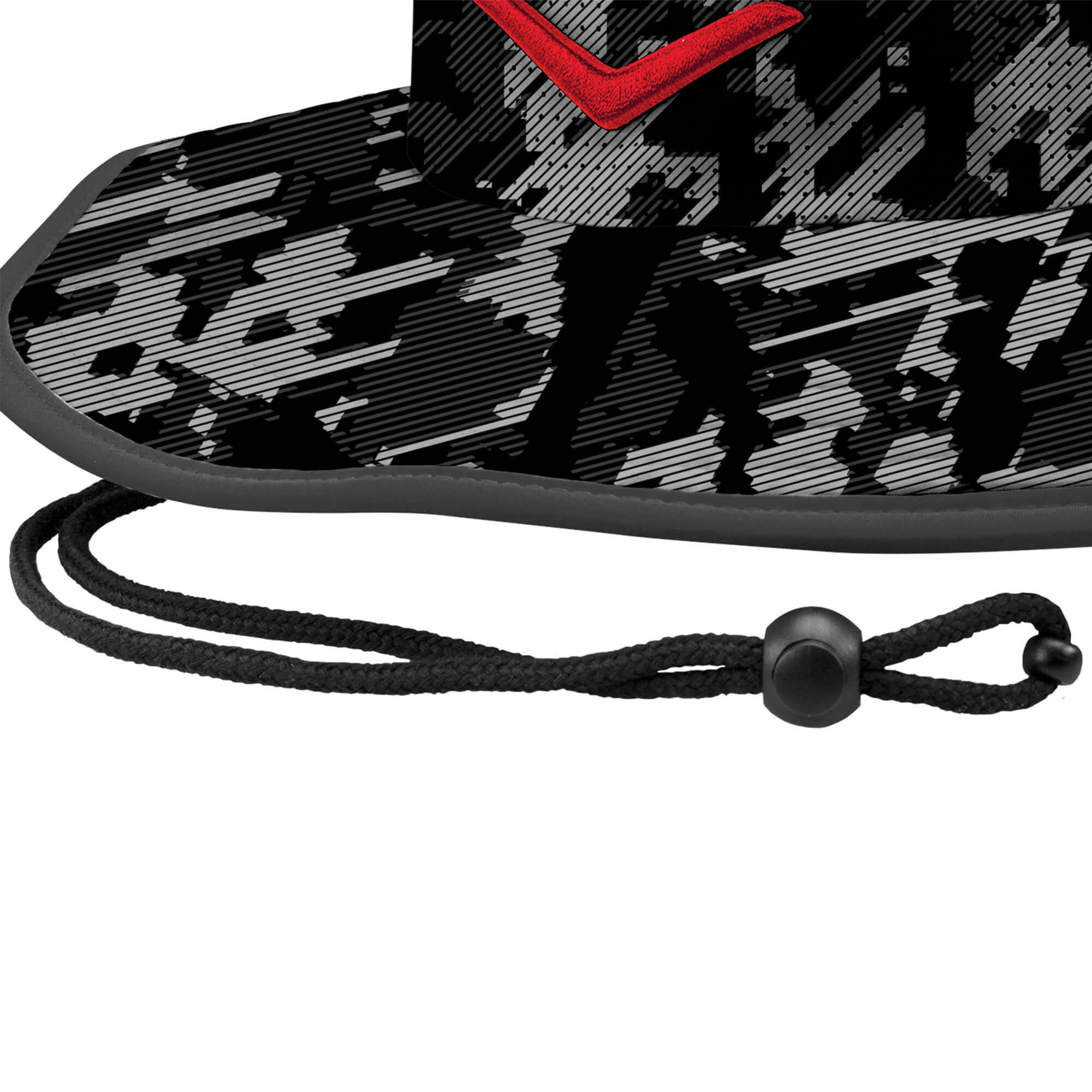 Evoshield bucket hat featuring a black, white, and grey camouflage design with an adjustable strap for sun protection.