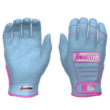 Franklin CFX Pro batting gloves in baby blue and pink with refined logo design, leather palm, and advanced fit technology.