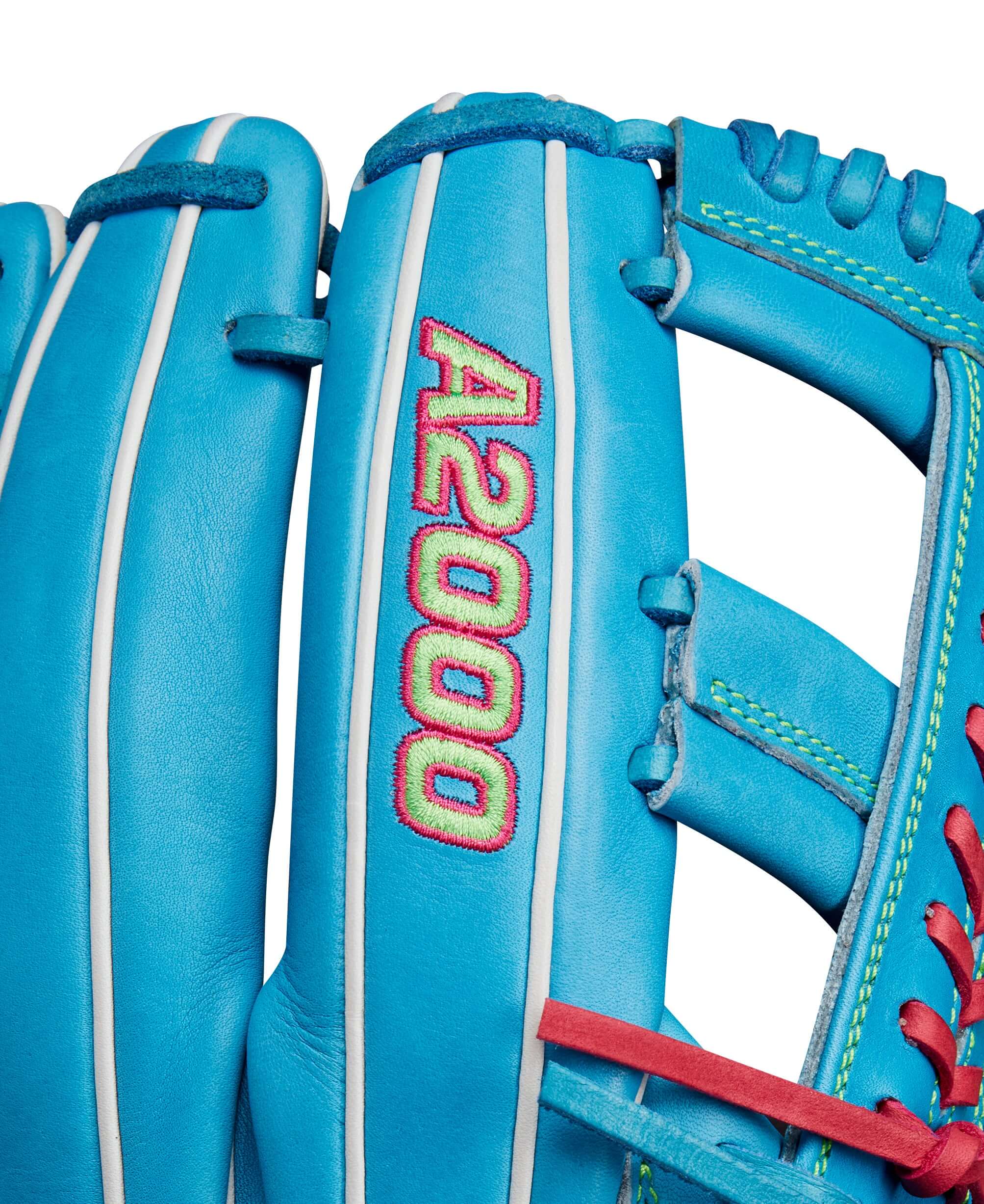 Wilson A2000 1785 11.75 Infield Glove, Sky Blue with Single Post Web & Flamingo Pink lace, Fall 2024 Model.