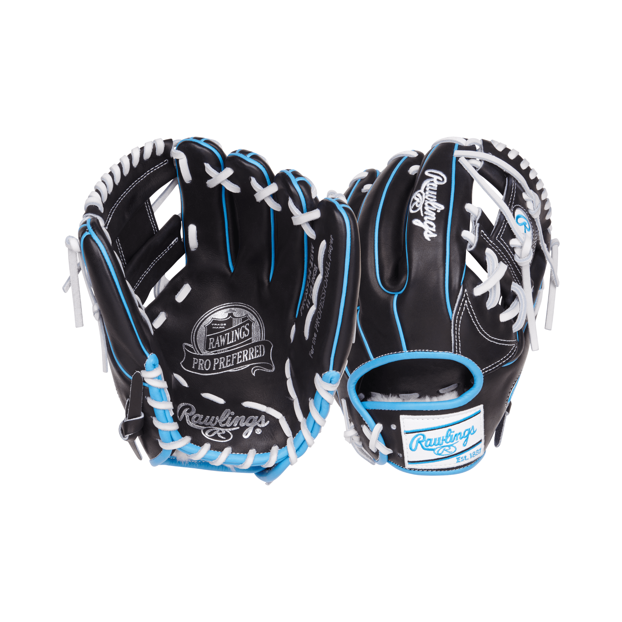 Rawlings Pro Preferred Series 12.5 RHT infield glove with royal blue and camel leather, silver laces, and Pro-I web.